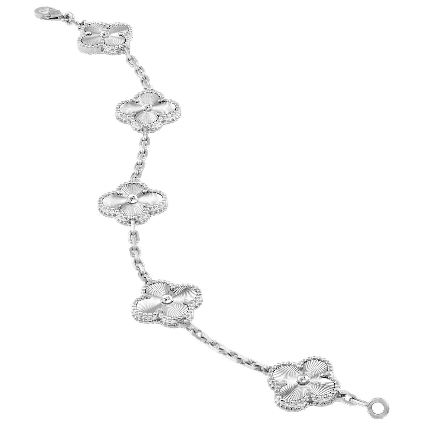 Modernist Van Cleef & Arpels Guilloche 5 Motifs Vintage Alhambra Bracelet 18K White Gold