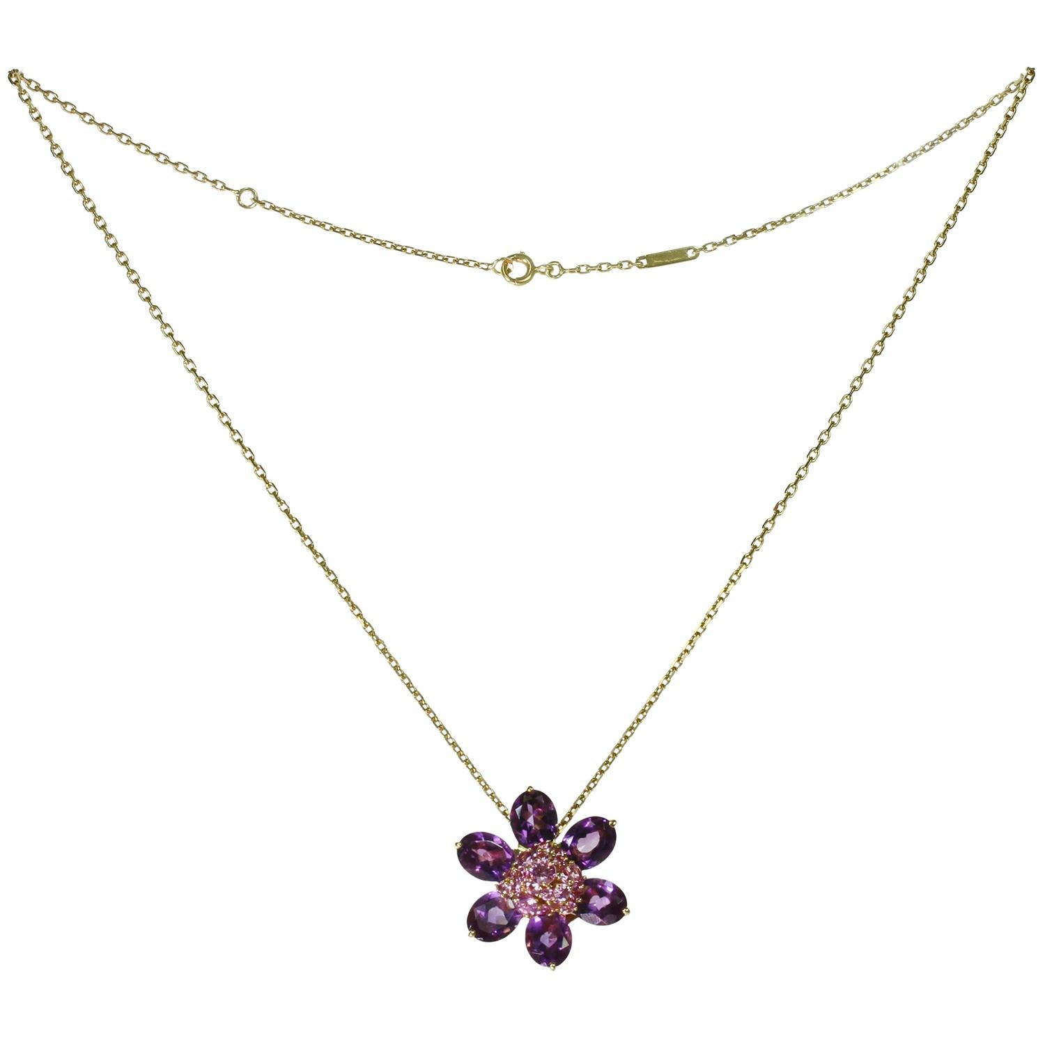 Round Cut VAN CLEEF & ARPELS Hawaii Amethyst Pink Sapphire Brooch Pendant Gold Necklace