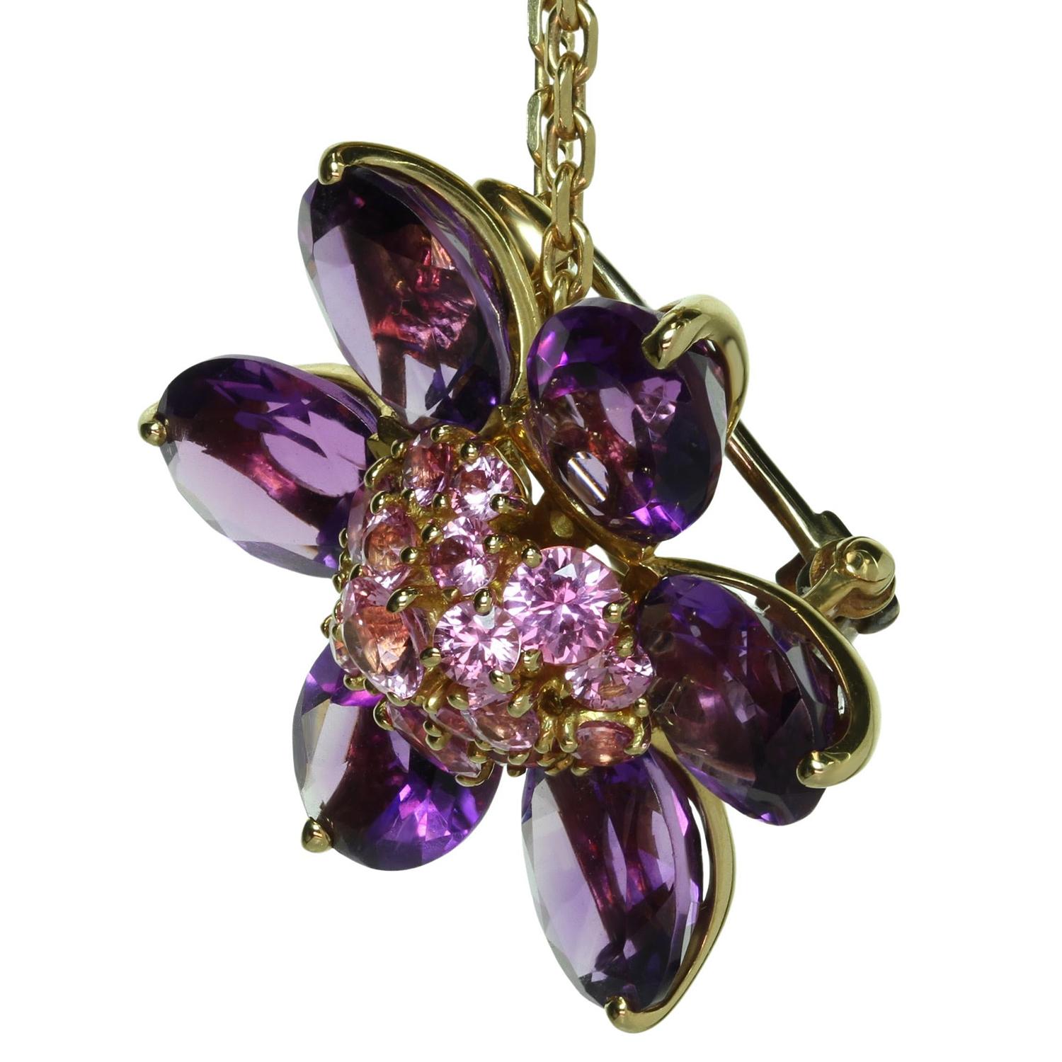 VAN CLEEF & ARPELS Hawaii Amethyst Pink Sapphire Brooch Pendant Gold Necklace 2