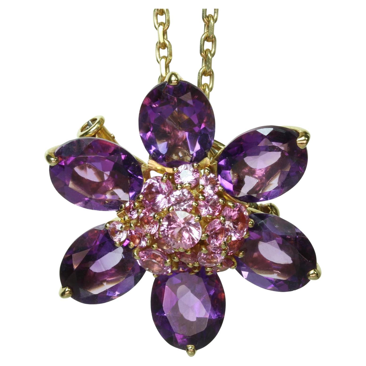 VAN CLEEF & ARPELS Hawaii Amethyst Pink Sapphire Brooch Pendant Gold Necklace