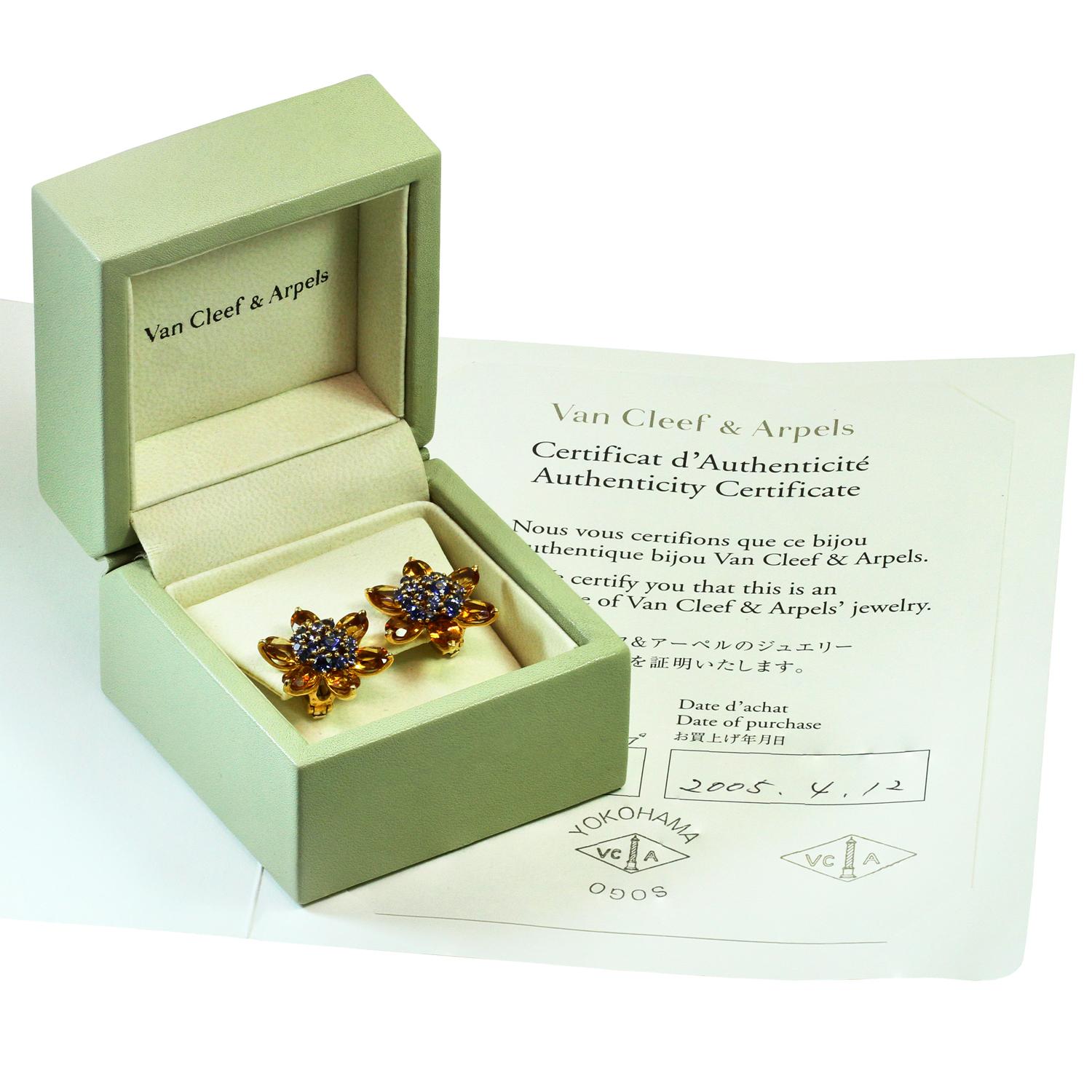 Van Cleef & Arpels Hawaii Citrine Sapphire Yellow Gold Flower Earrings In New Condition In New York, NY
