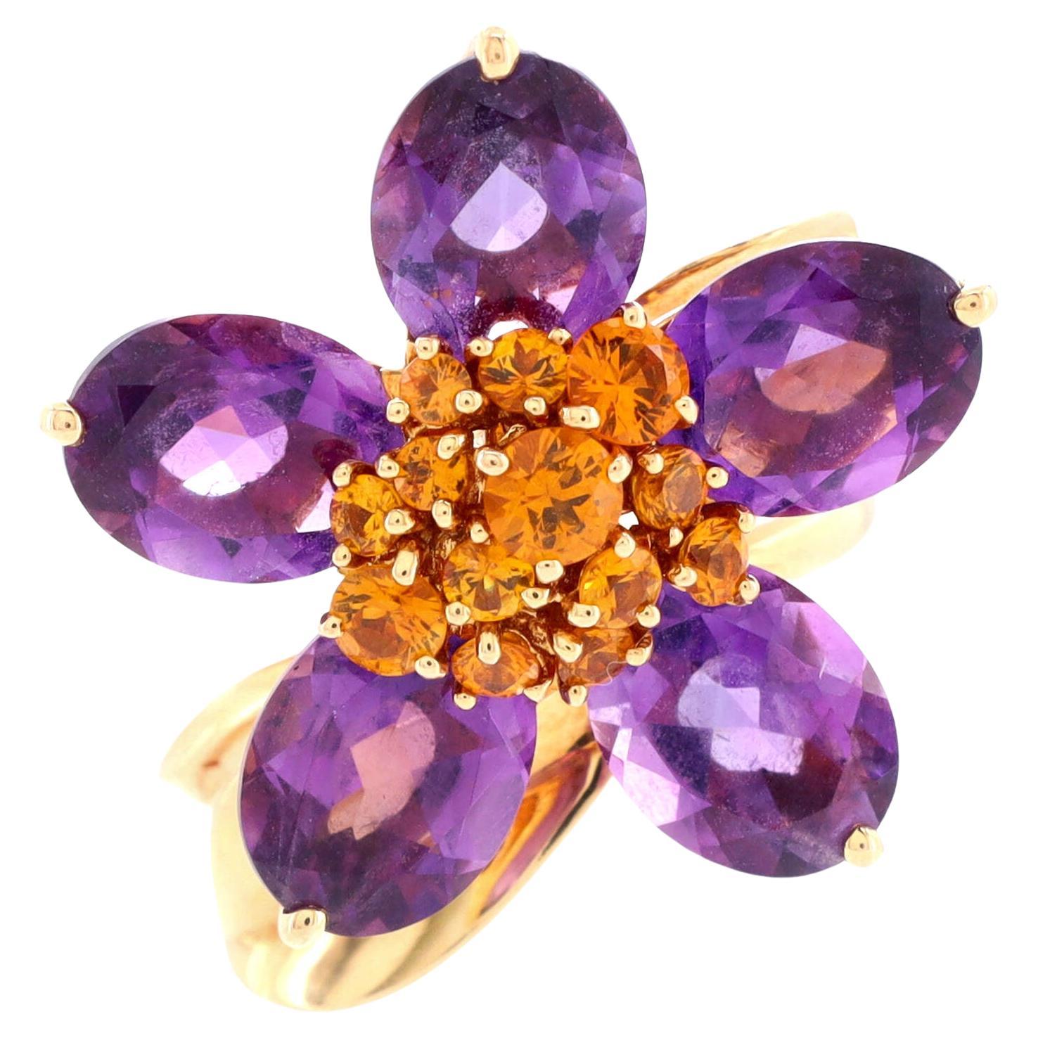 Van Cleef & Arpels Hawaii Flower Ring 18k Yellow Gold with Amethyst and Orange For Sale