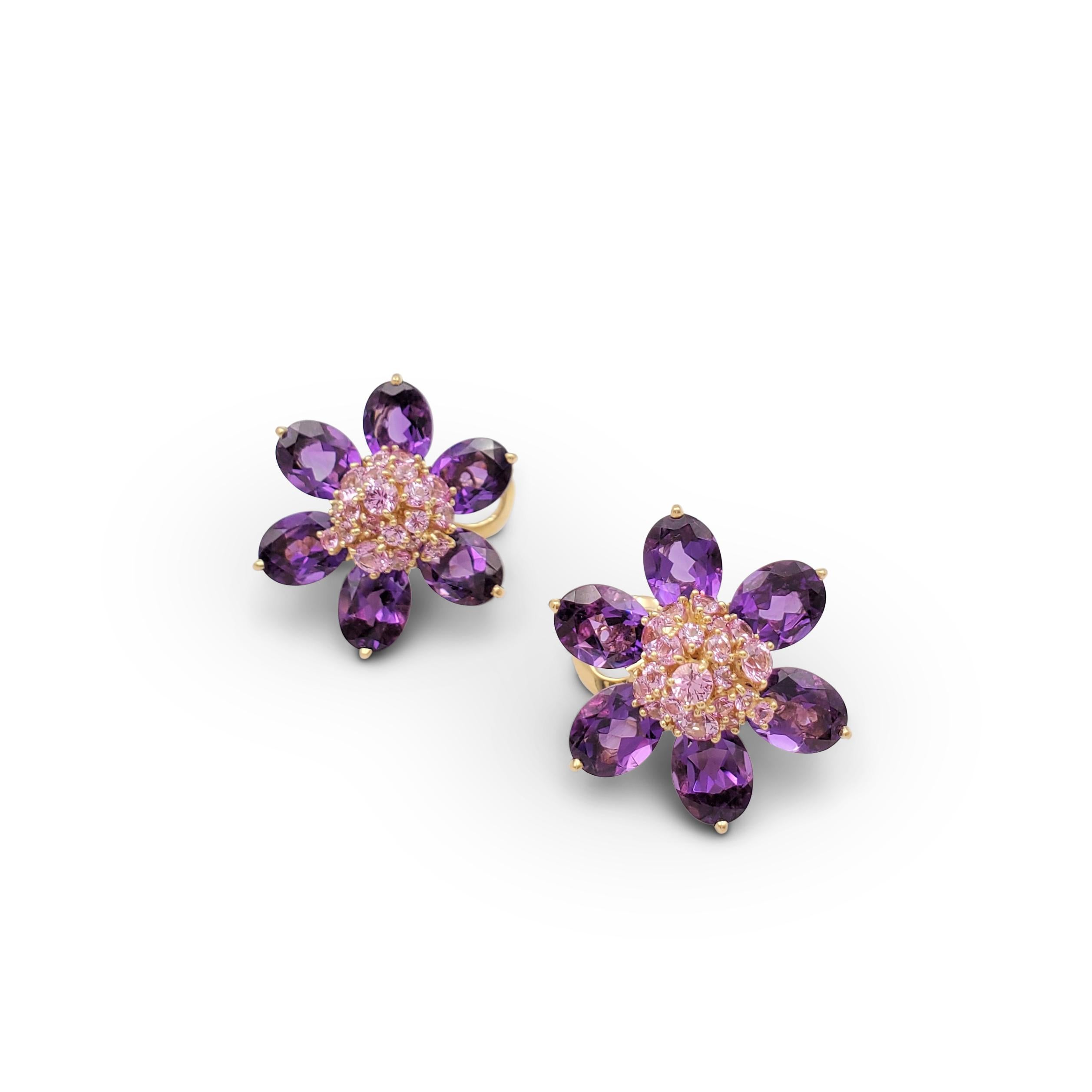 Authentic Van Cleef & Arpels earrings from the 'Hawaii' collection. Designed as a pair of flowers, the centers set with round graduated pink sapphires weighing an estimated 2.00 carats total. Pear-shaped amethyst petals weighing an estimated 14.4