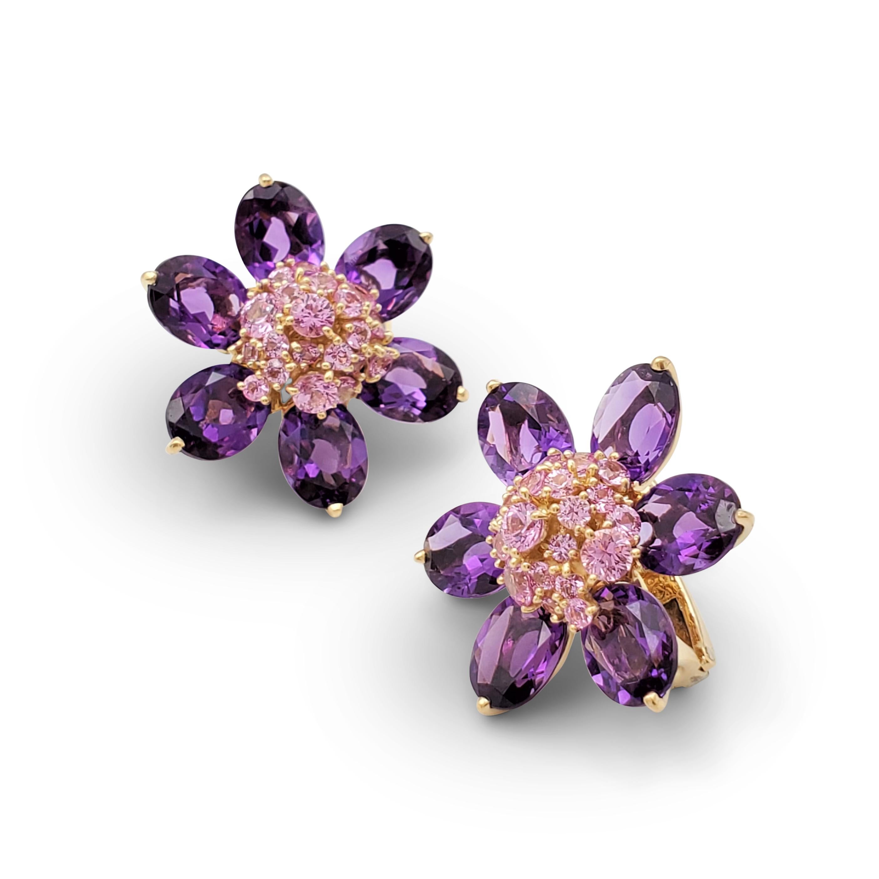 Authentic Van Cleef & Arpels 'Hawaii' collection suite comprised of a pair of earrings, a ring, brooch, and a convertible pendant brooch. Each piece is designed as a flower with the centers highlighted by round graduated pink sapphires. Fancy shaped