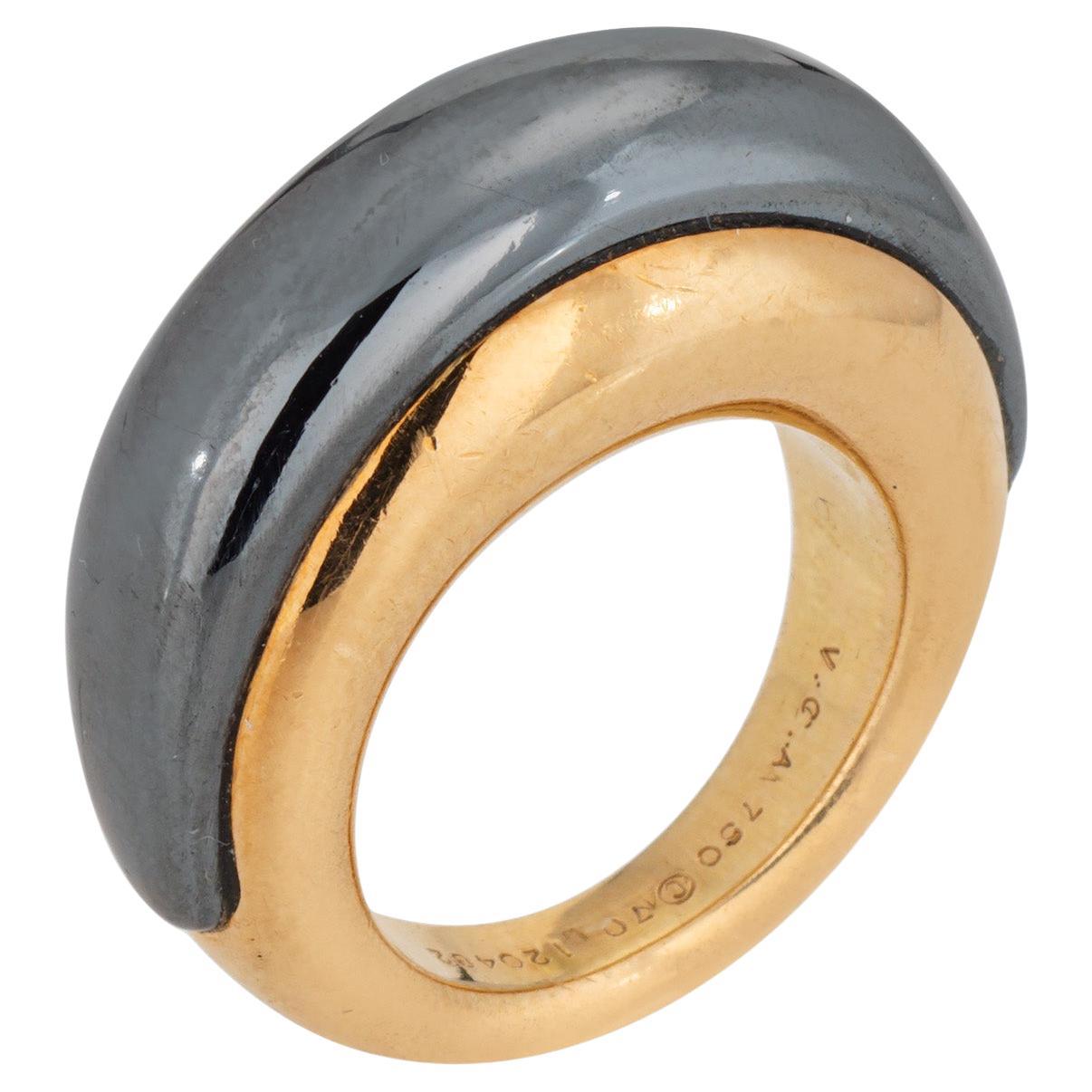 Van Cleef & Arpels Hematite Dome Ring Vintage Sz 4.5 Band Signed Jewelry For Sale