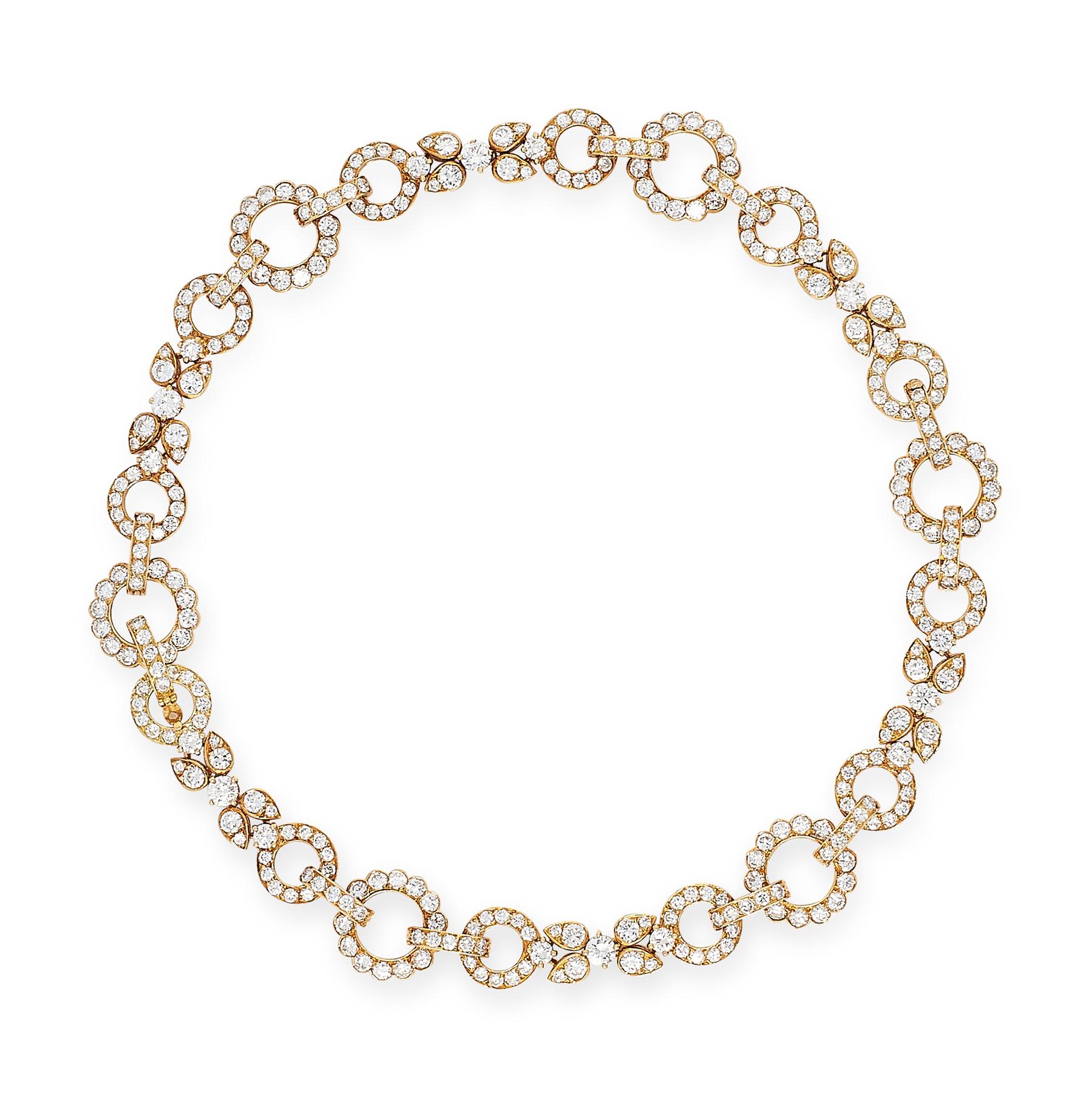 VAN CLEEF & ARPELS, IMPORTANT 18ct GOLD DIAMOND NECKLACE/BRACELET/BROOCH SET. The diamond-set necklace can be divided into 3 separate parts to be worn as bracelets, or a shorter necklace and a bracelet. The diamond-set pendant designed as 3 halo's