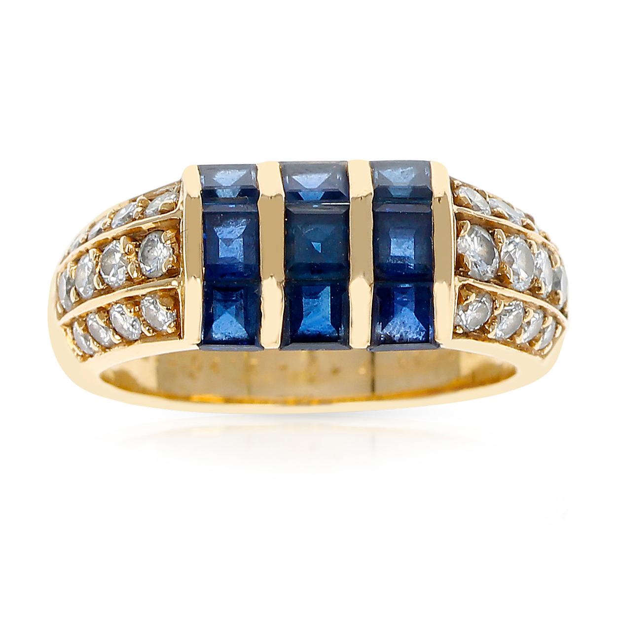 A Van Cleef & Arpels Invisibly-Set Nine Sapphire and Diamonds Ring in 18 Karat Yellow Gold. Ring Size 6.
There are 24 diamonds on the mounting. Total Weight: 6.90 grams. 