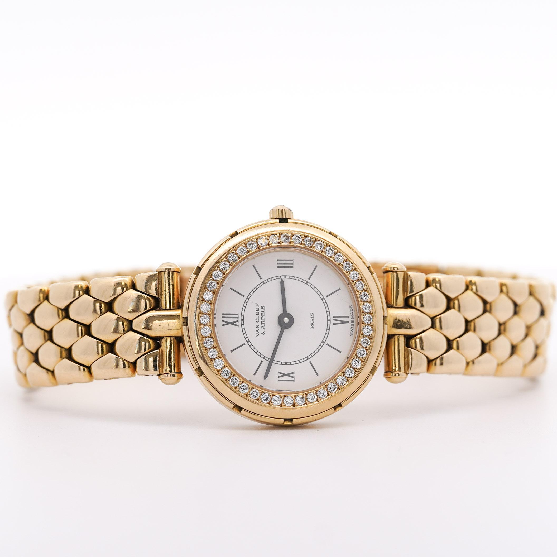 Van Cleef & Arpels La Collection 18K Gold Diamond Bezel Ladies Watch In Excellent Condition For Sale In Miami, FL