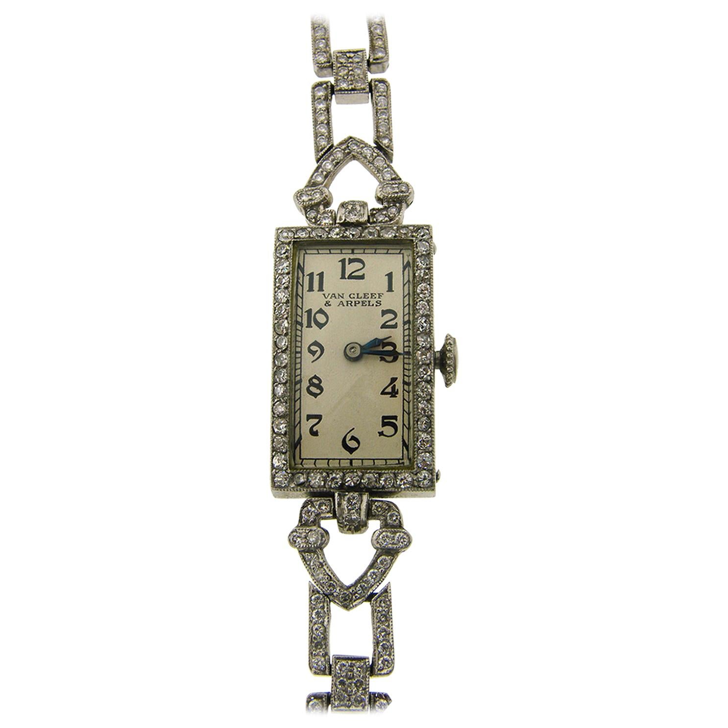 Van Cleef & Arpels Ladies Art Deco Wristwatch Platinum Diamond Manual Wind