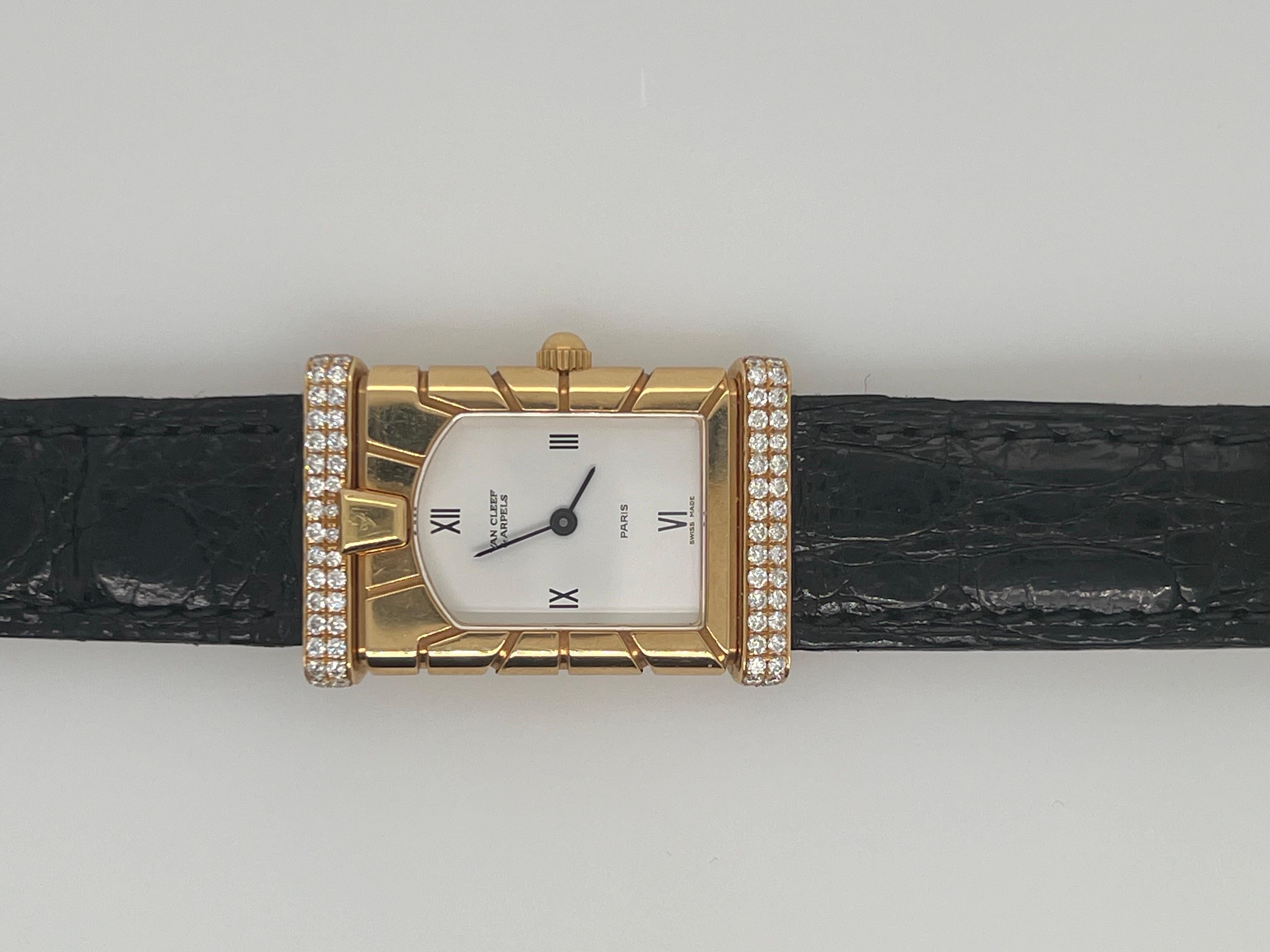 Retro Van Cleef & Arpels Ladies Diamond & 18k Yellow Gold Facade Quartz Dress Watch For Sale