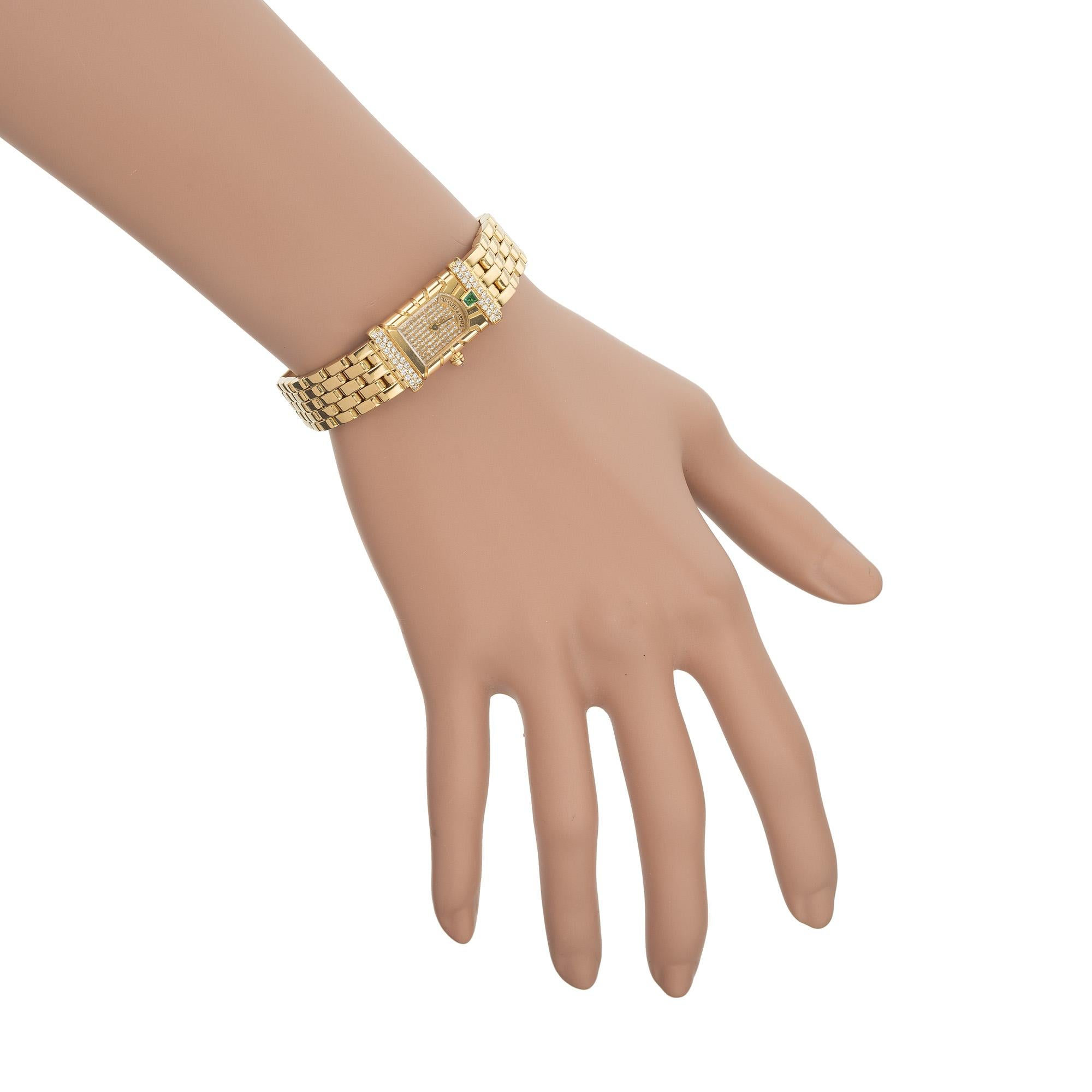 Van Cleef & Arpels Ladies Diamond Emerald Yellow Gold Wristwatch For Sale 3