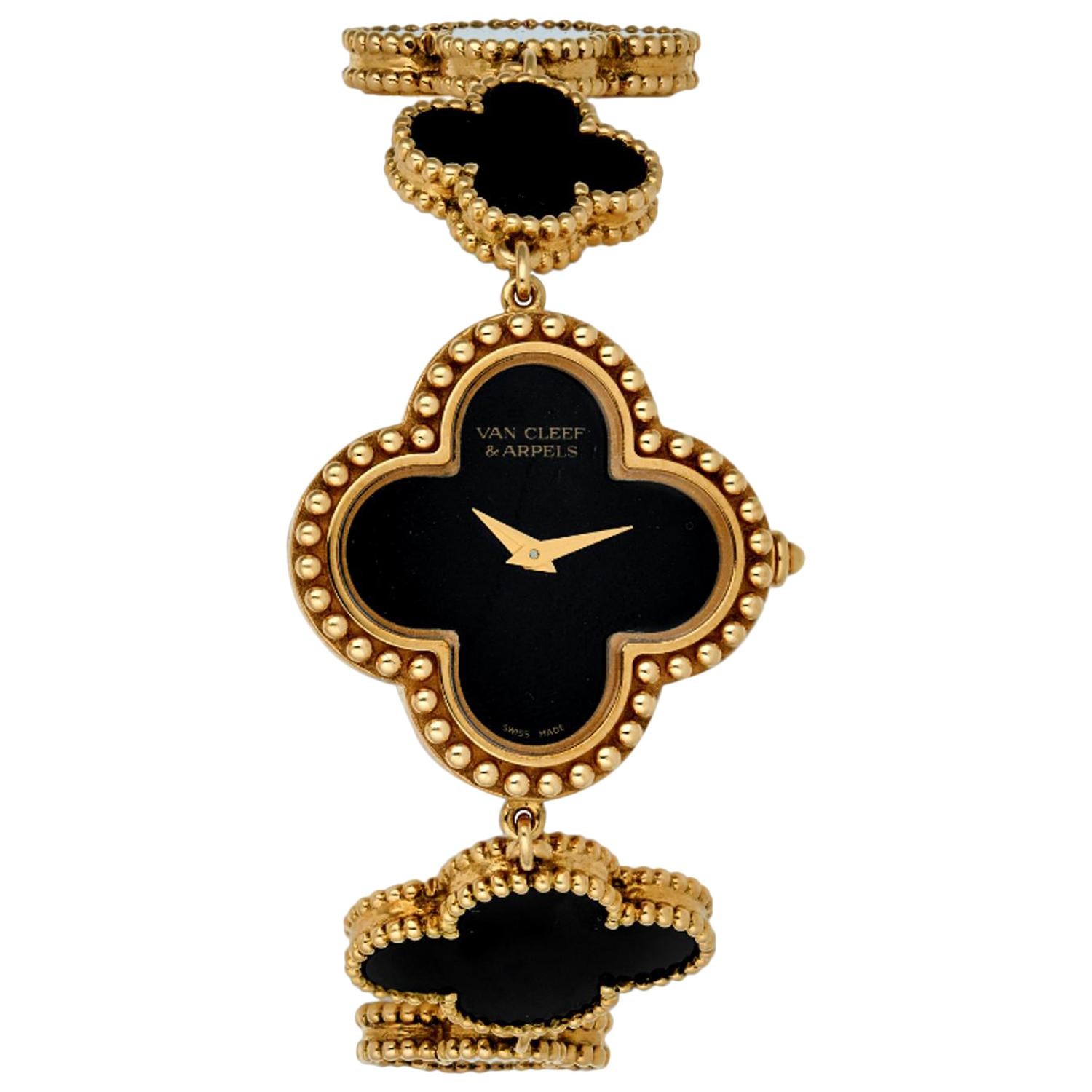 Van Cleef & Arpels Lady's Black Onyx 18k Yellow Gold Alhambra Watch