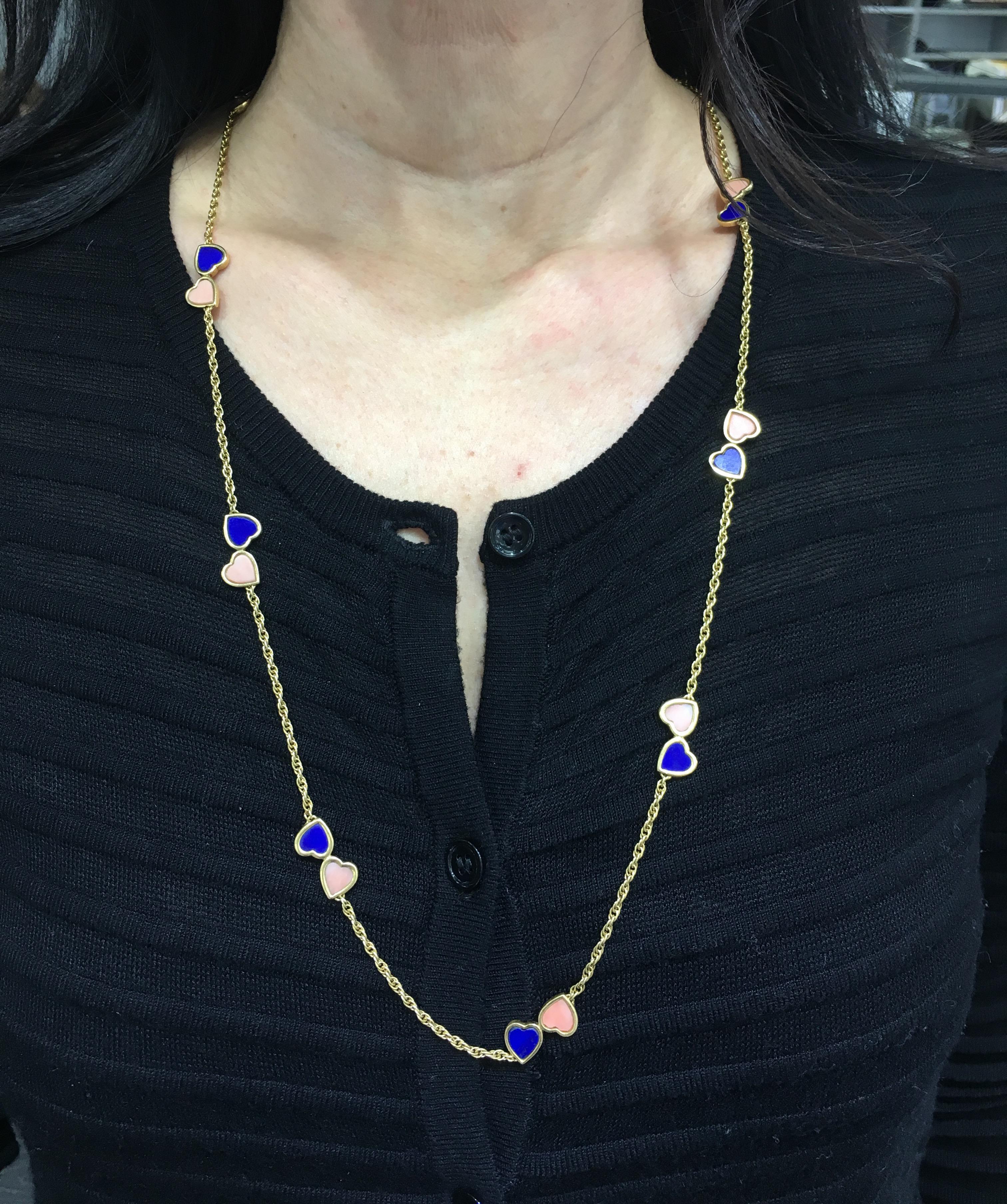 Women's Van Cleef & Arpels Lapis and Coral Double Heart Necklace