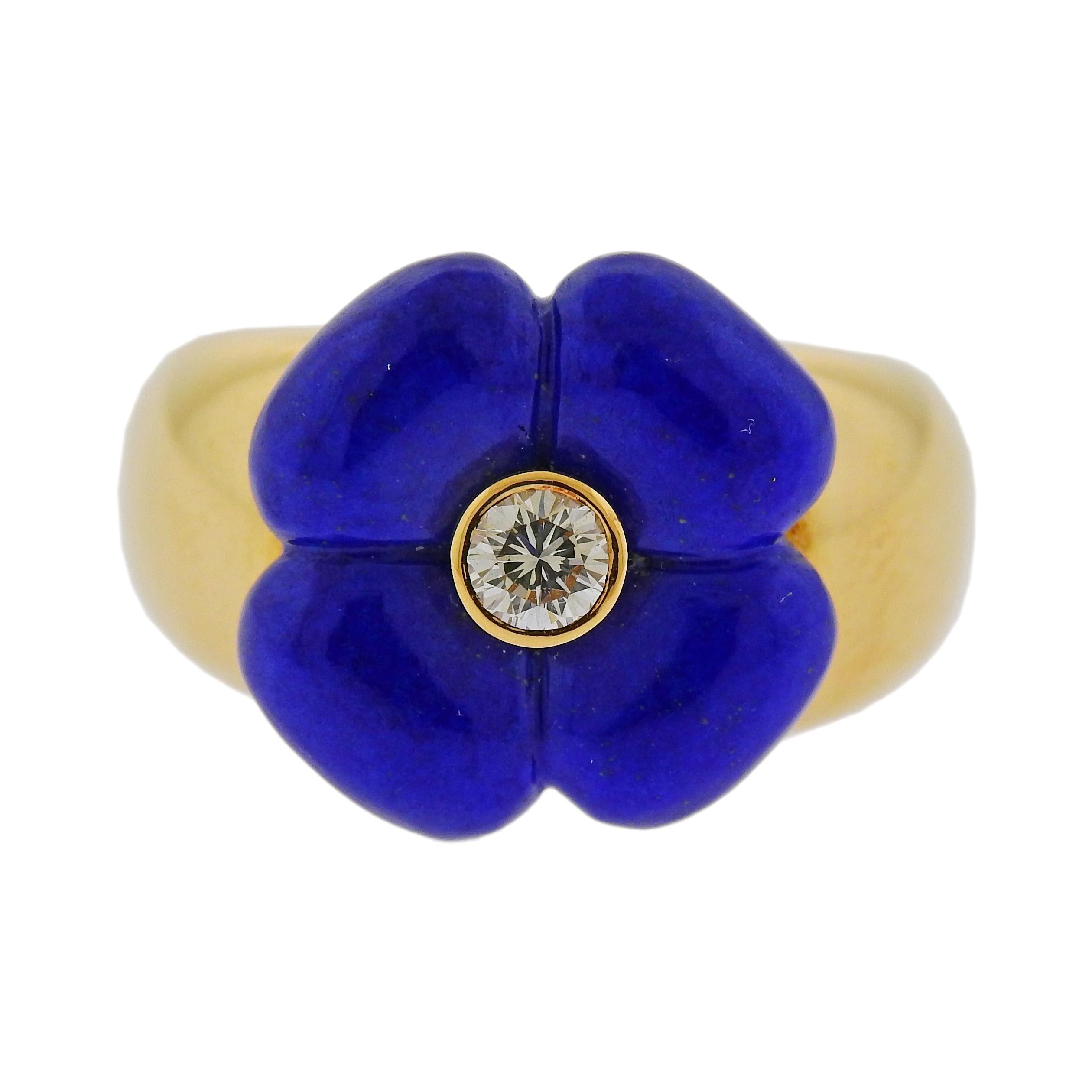 Van Cleef & Arpels Lapis Diamond Flower Gold Ring