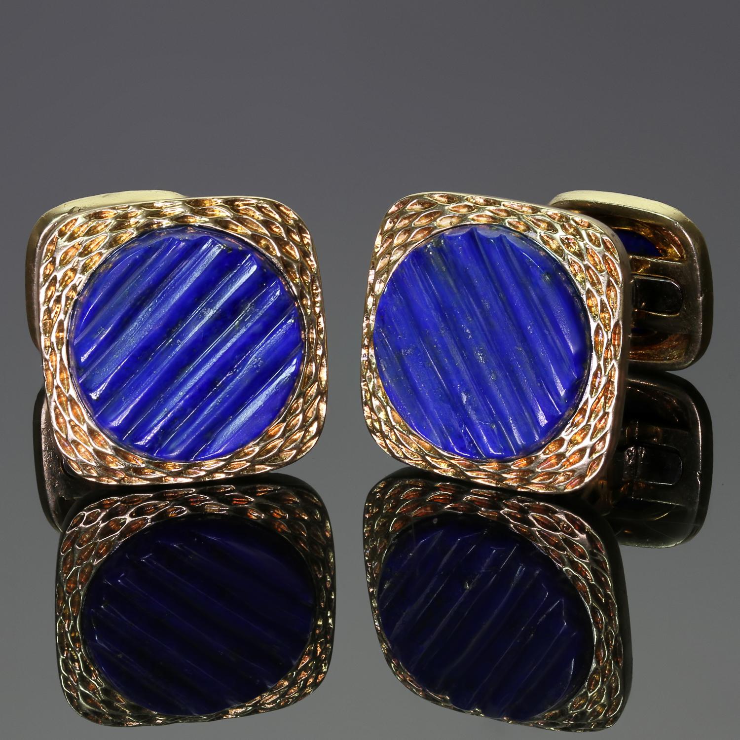 These elegant vintage Van Cleef & Arpels cufflinks feature a textured square design made in 18k yellow gold and set with ridged round lapis lazuli. Made in France circa 1970s. Measurements: 0.51