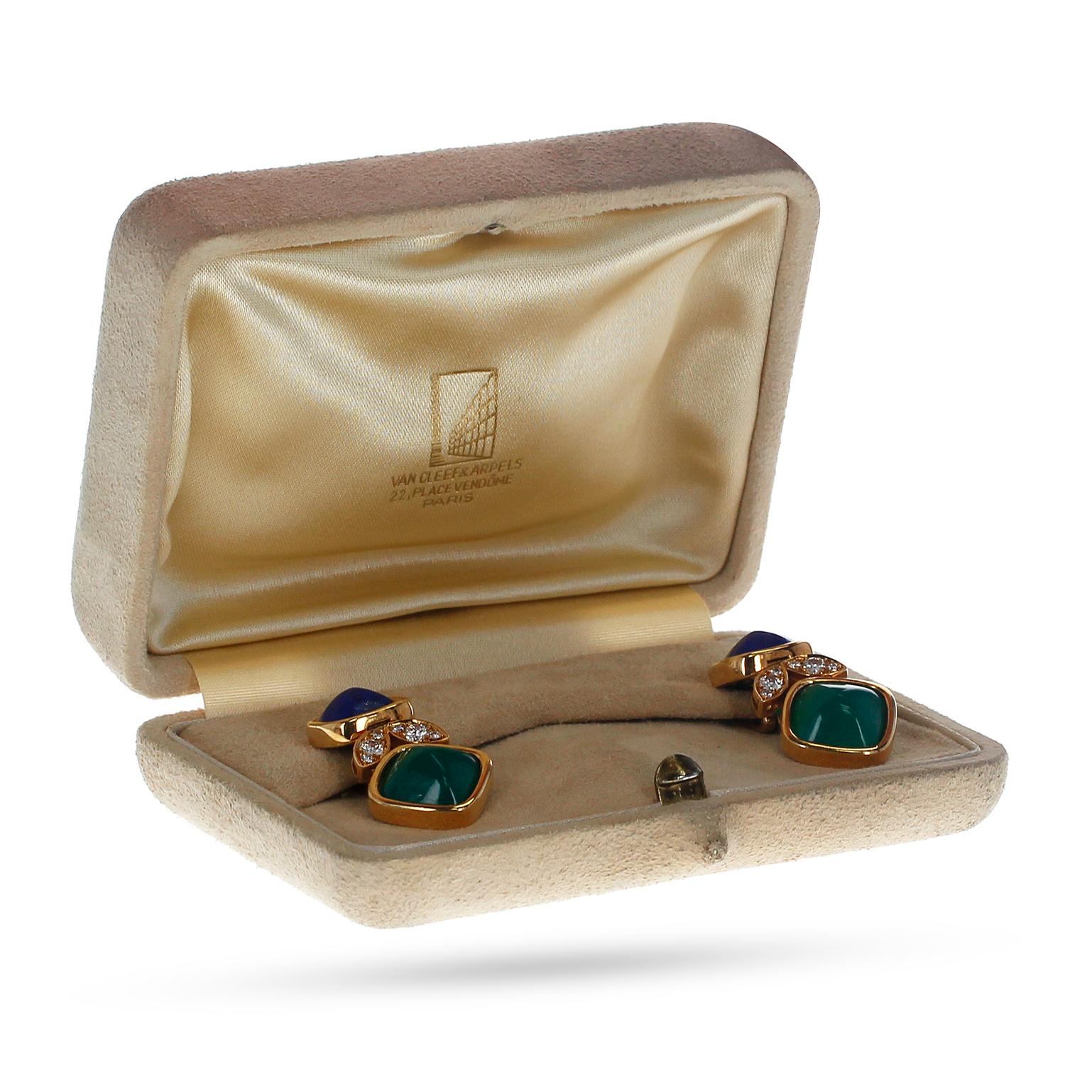 Sugarloaf Cabochon Van Cleef & Arpels Lapis Lazuli and Chrysoprase Earrings, French