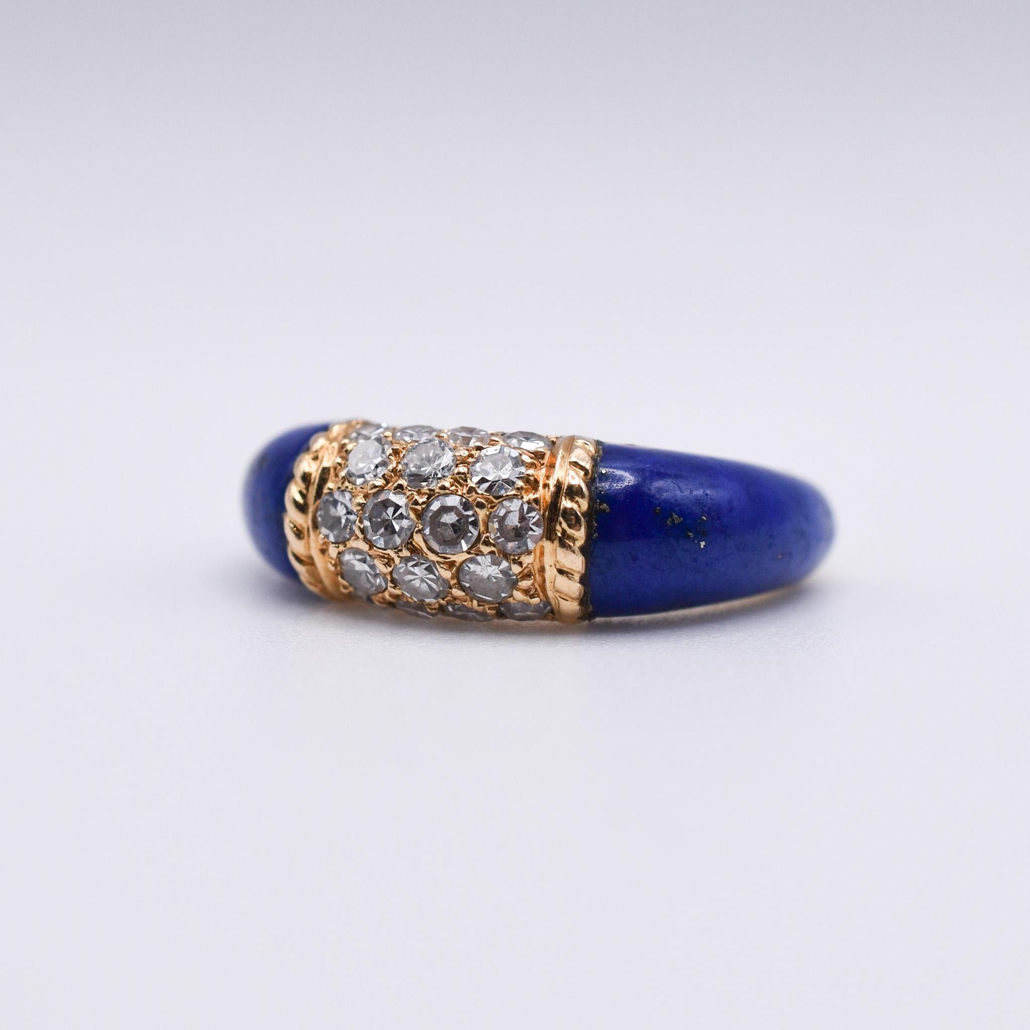 Van Cleef & Arpels Lapis Lazuli and Diamond ‘Philippine’ Ring in 18k Yellow Gold.
Made in France, circa 1960.
Signed VCA and numbered.

Ring size: UK K