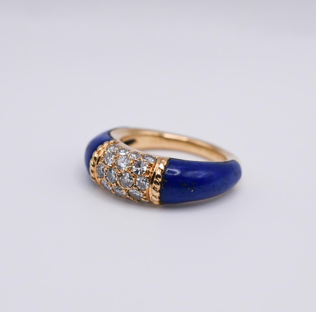 Van Cleef & Arpels Lapis Lazuli and Diamond Iconic ‘Philippine’ Ring in 18k Yellow Gold.
Made in France, circa 1960.
Signed VCA and numbered, French marks

The actual size is 4, resizable on request, Weight 7 grams

Excellent condition, 100%