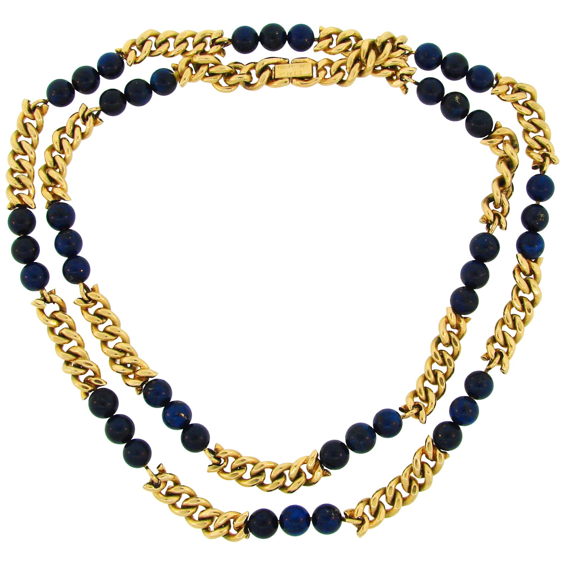 Van Cleef & Arpels Lapis Lazuli Bead Gold Necklace, 1970s VCA For Sale