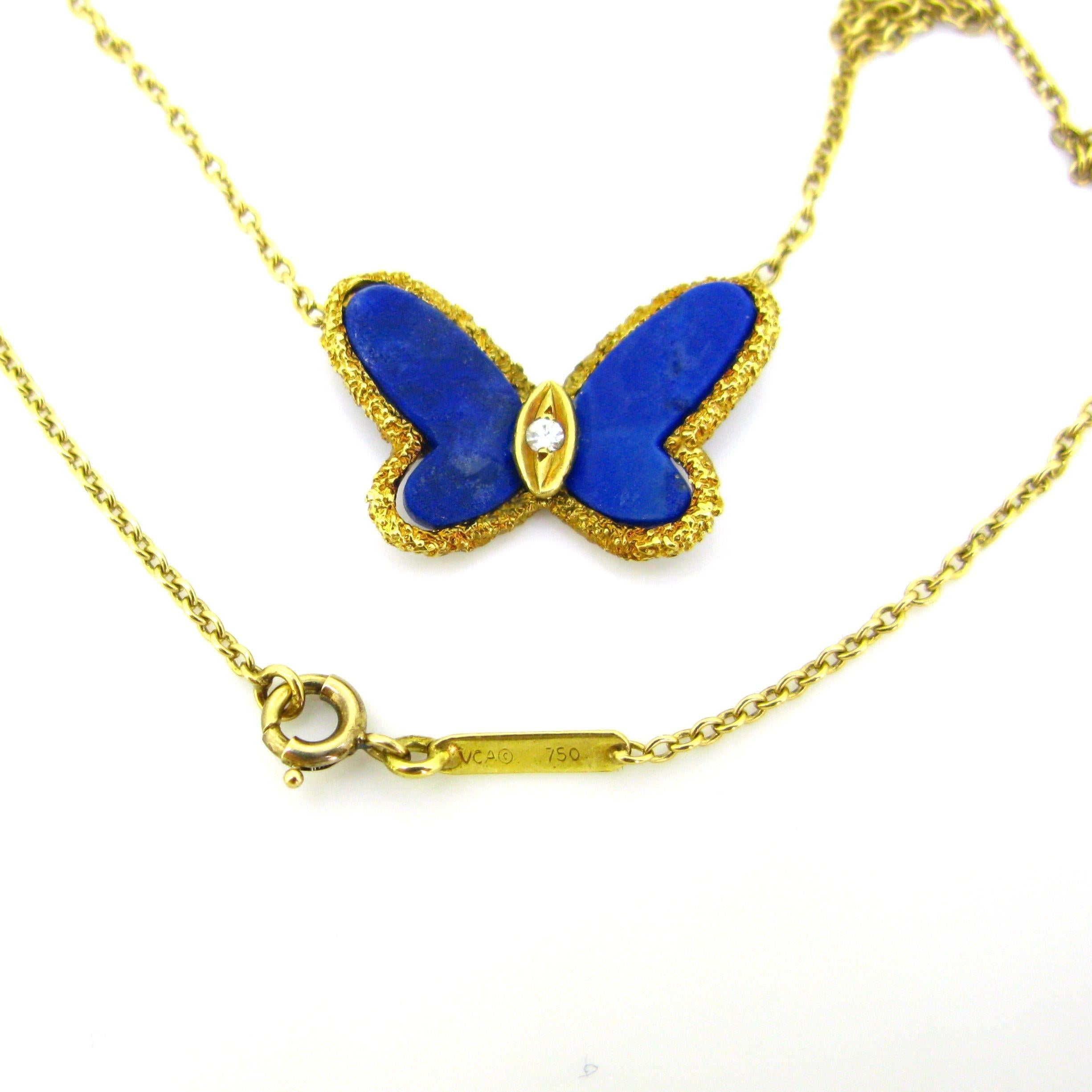 Heart Cut Van Cleef & Arpels Lapis Lazuli Diamond Butterfly Pendant Necklace, 1970