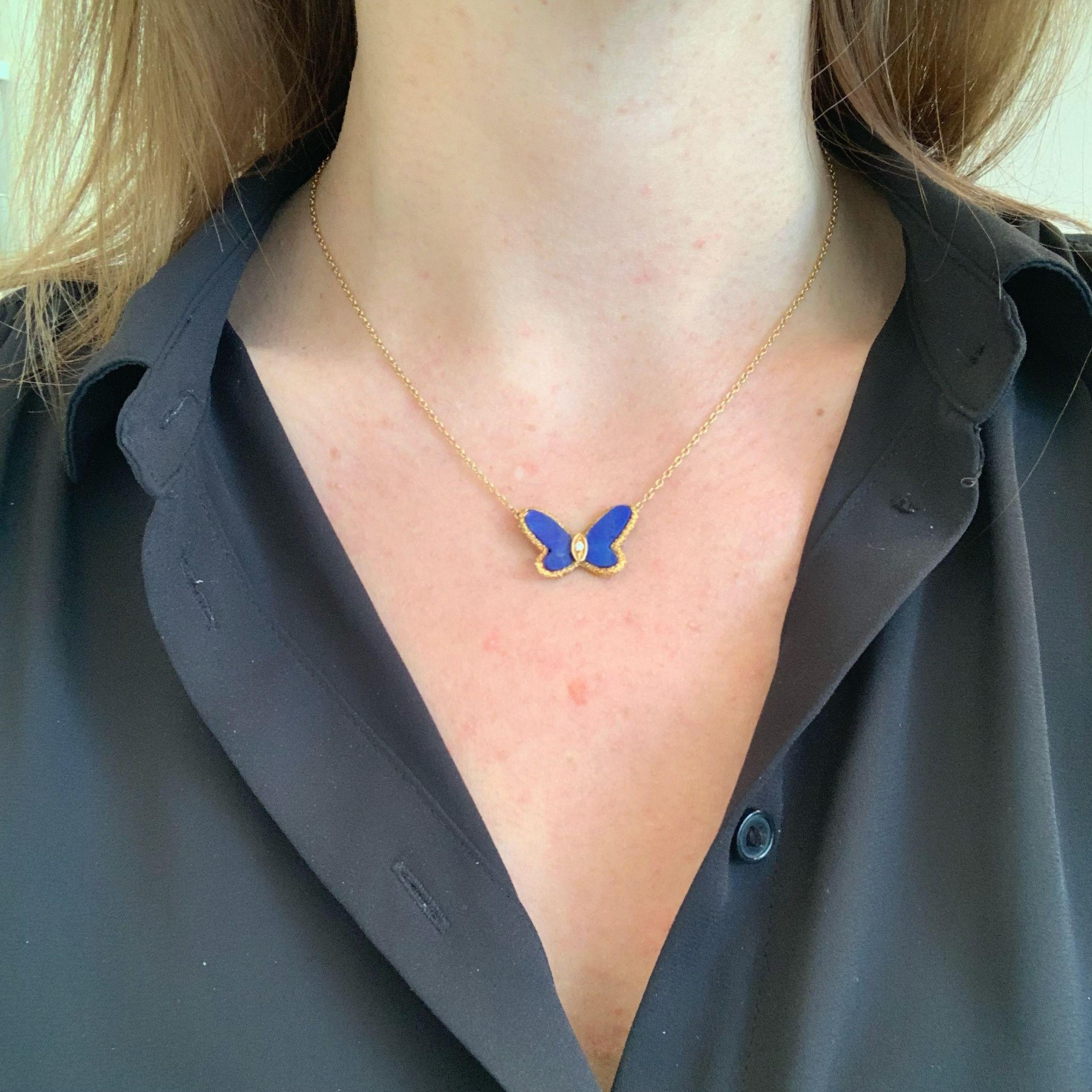 Women's or Men's Van Cleef & Arpels Lapis Lazuli Diamond Butterfly Pendant Necklace, 1970