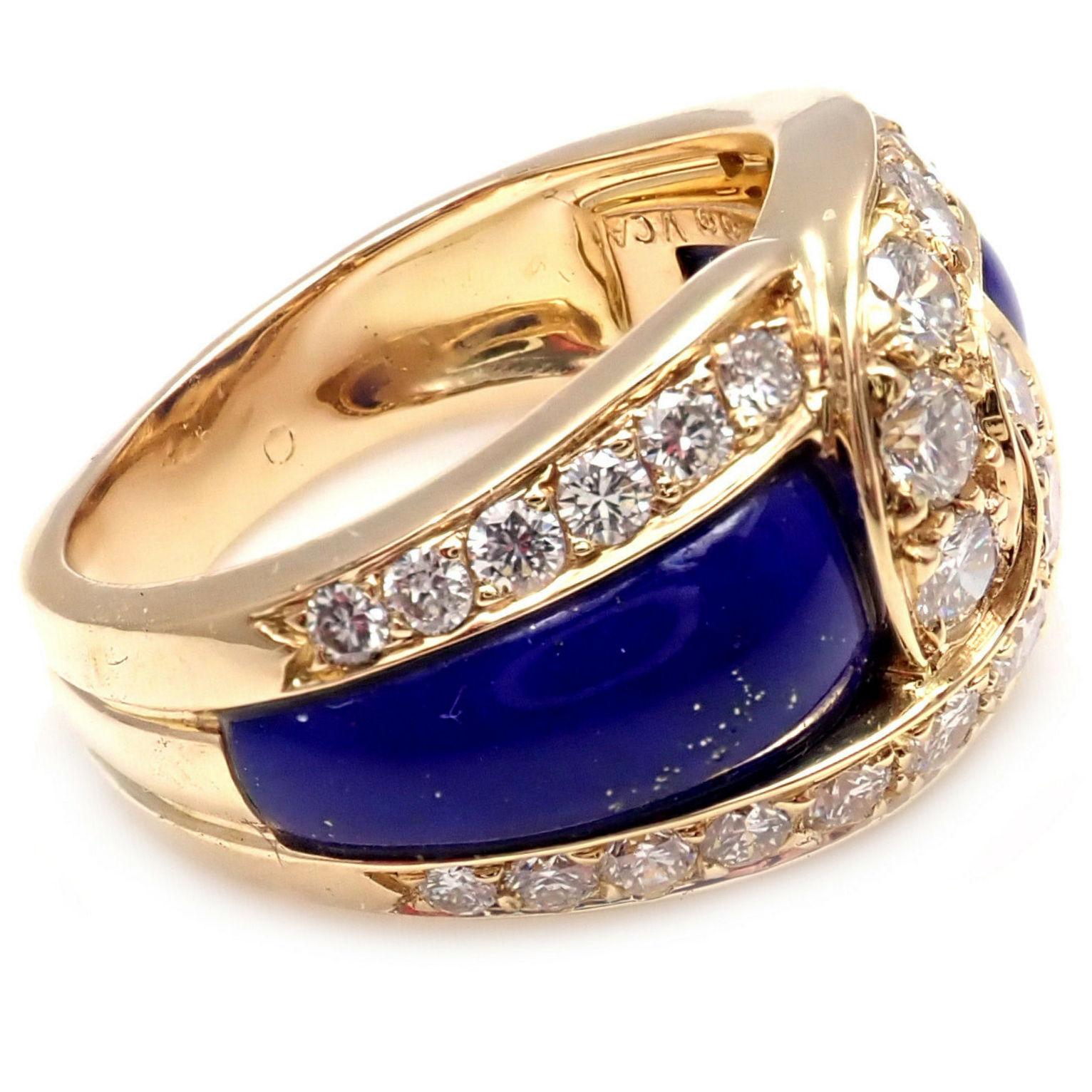18k Yellow Gold Diamond & Lapis Lazuli Ring by Van Cleef & Arpels. 
With 30 Diamonds, VVS1 Clarity, E Color 1.00ctw
2x Lapis Stones 
Details: 
Ring Size: 5.5
Weight: 8.7 grams
Stamped Hallmarks: NY 5K656-99 VCA French 18k Assay Mark
*Free Shipping