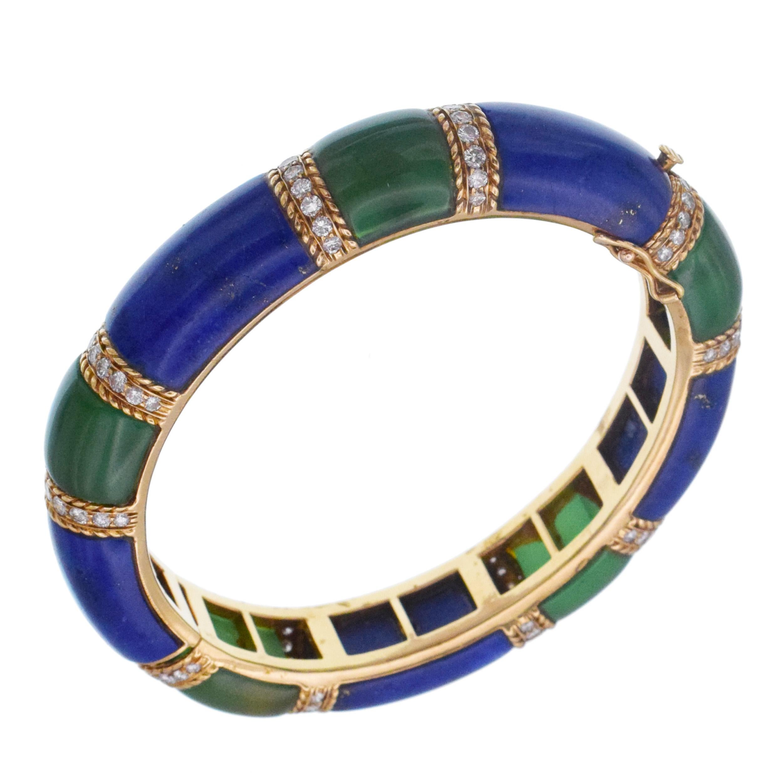 Van Cleef & Arpels Lapis Lazuli, Green Onyx and Diamond Bangle For Sale 4