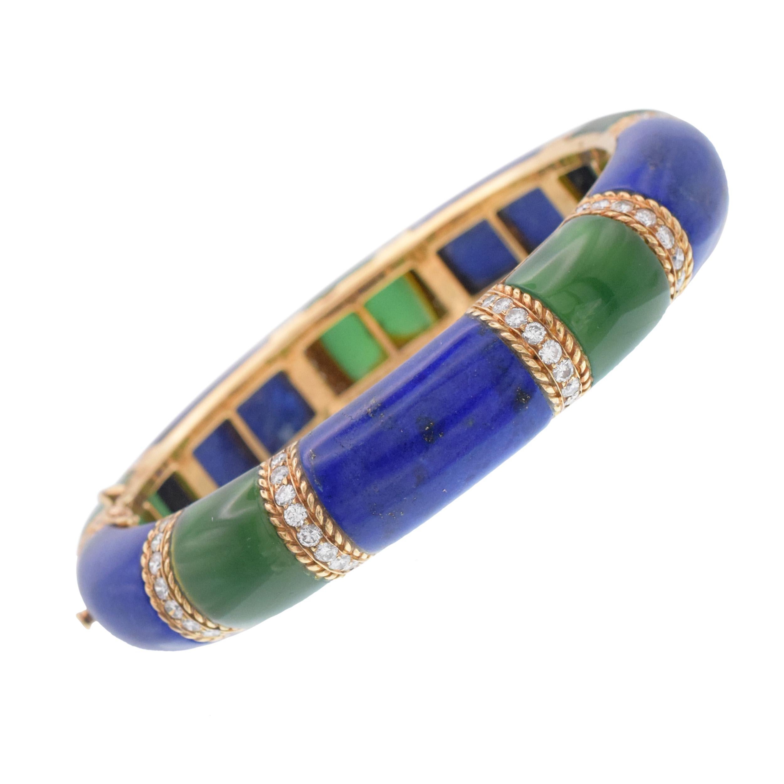 Round Cut Van Cleef & Arpels Lapis Lazuli, Green Onyx and Diamond Bangle For Sale