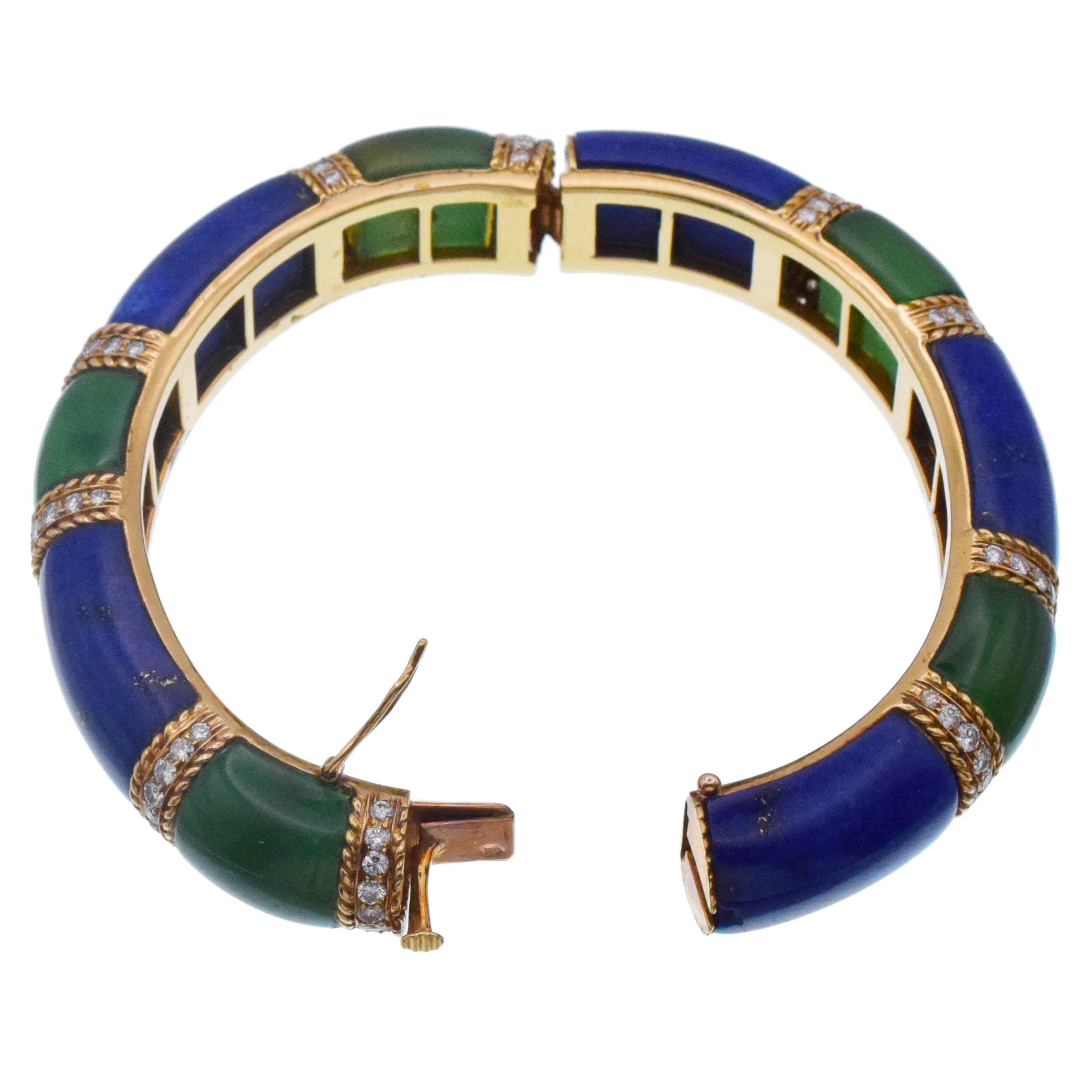 Van Cleef & Arpels Lapis Lazuli, Green Onyx and Diamond Bangle For Sale 2