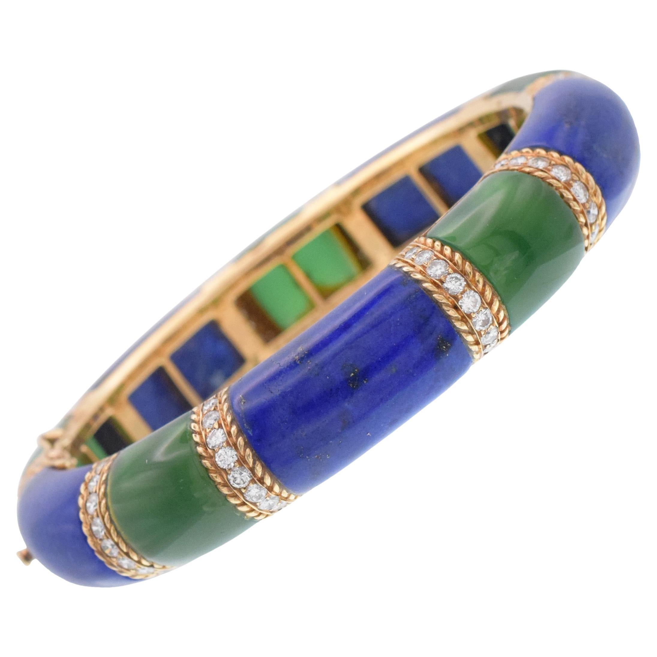 Van Cleef & Arpels Lapis Lazuli, Green Onyx and Diamond Bangle For Sale