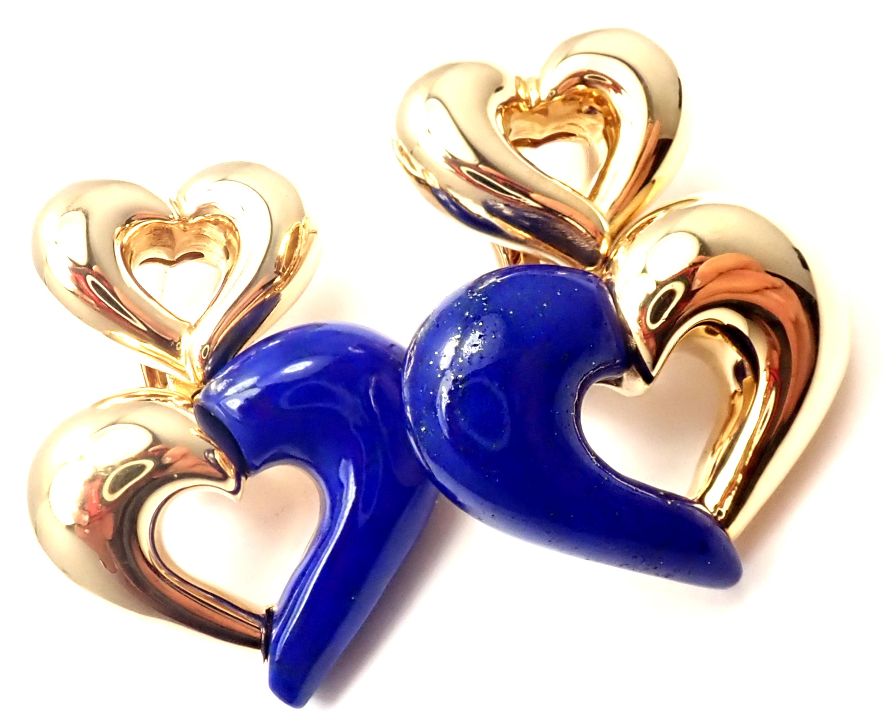 18k Yellow Gold Lapis Lazuli Heart Shape Earrings by Van Cleef & Arpels. 
With 2 Lapis Lazuli stones
These earrings are made for pierced ears.
Details: 
Weight: 28.5 grams
Measurements: 30mm x 23mm
Stamped Hallmarks: VCA 750 CR03.05LA8
*Free