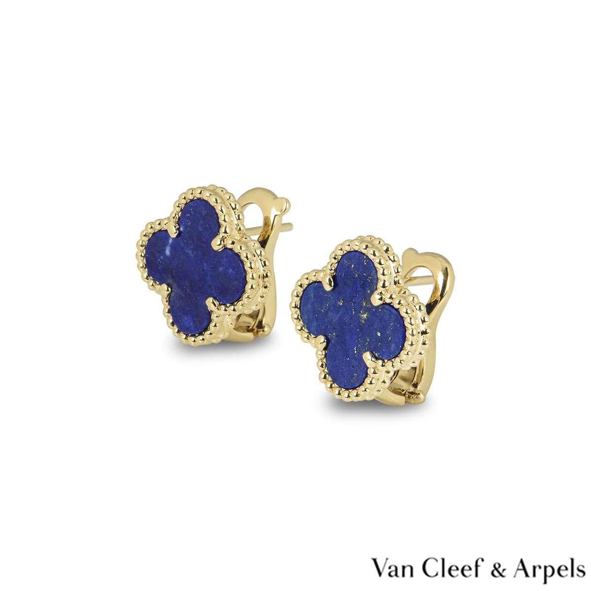 A beautiful pair of 18k yellow gold Van Cleef & Arpels earrings from the Sweet Alhambra collection. The earrings are composed of a four leaf clover motif with a lapis lazuli insert set to the centre, complimented by a beaded edge. The earrings