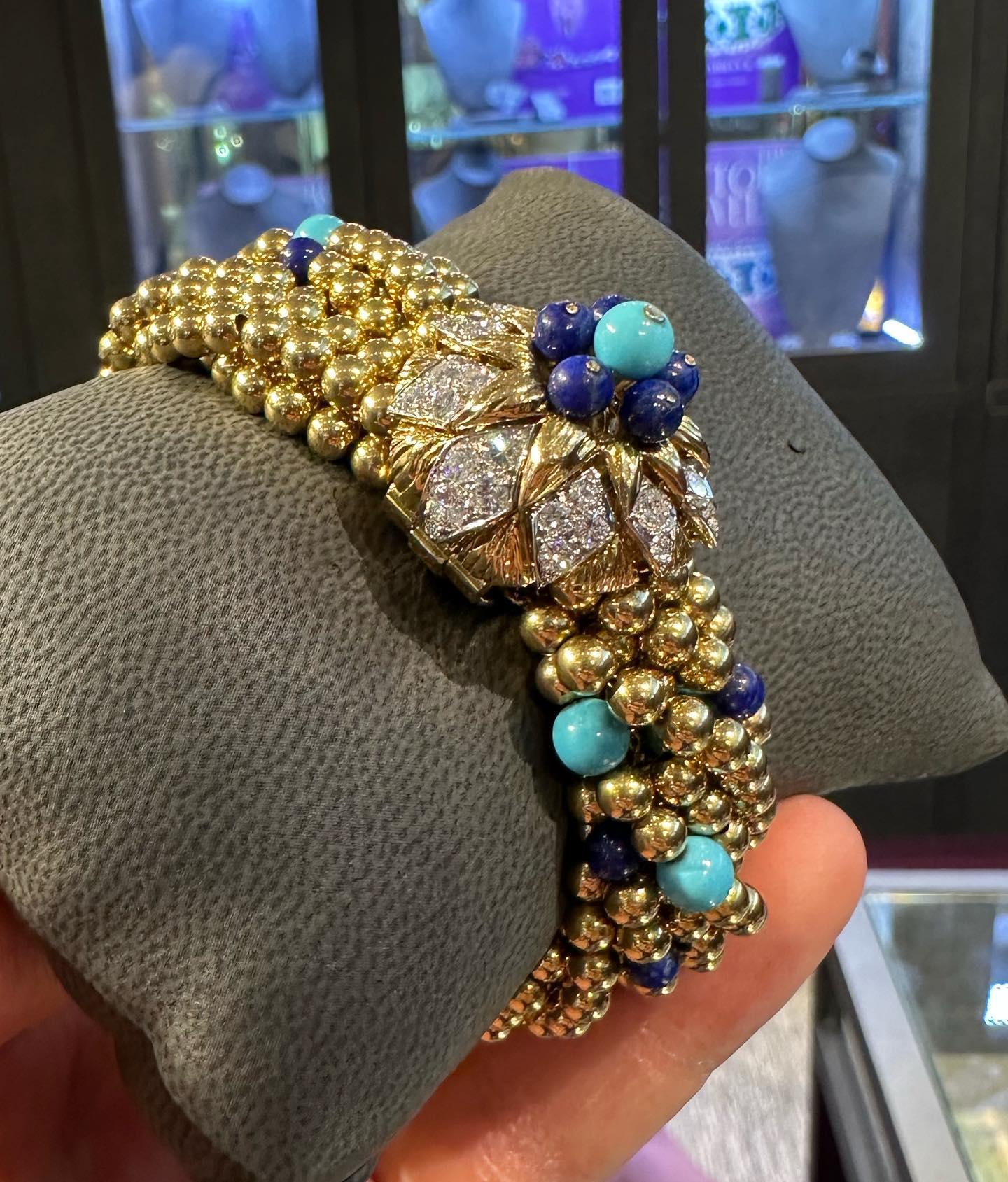 Round Cut Van Cleef & Arpels Lapis Lazuli & Turquoise Torsade Bracelet For Sale