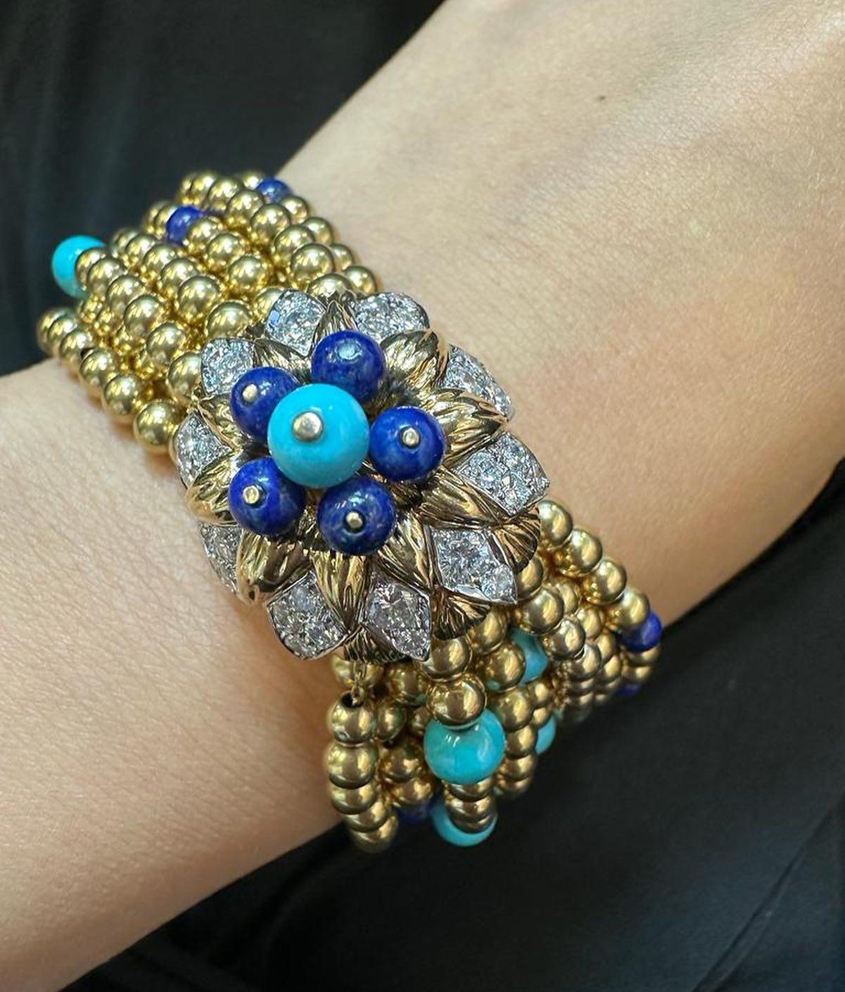 Van Cleef & Arpels Lapis Lazuli & Turquoise Torsade Bracelet In Excellent Condition For Sale In New York, NY