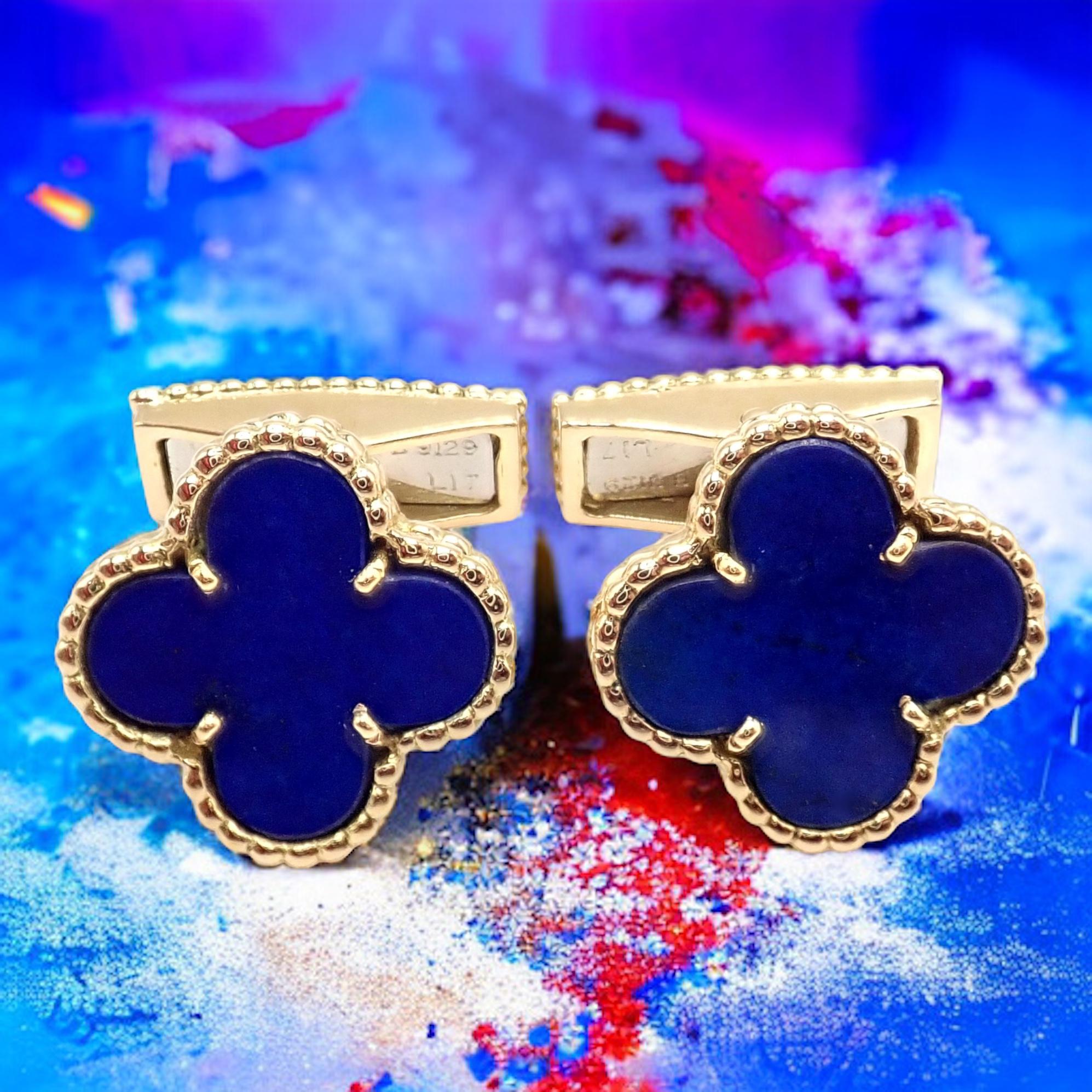 The Authentic Van Cleef & Arpels 18k Yellow Gold Vintage Alhambra Lapis Lazuli Cufflinks are a striking accessory that exudes luxury. Made from 18k yellow gold, these cufflinks feature exquisite lapis lazuli stones. The deep blue hue of the lapis