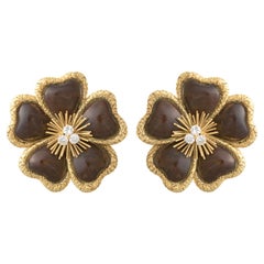 Vintage Van Cleef & Arpels Large 18k Yellow Gold Diamond Wood Clematis Clip Earrings