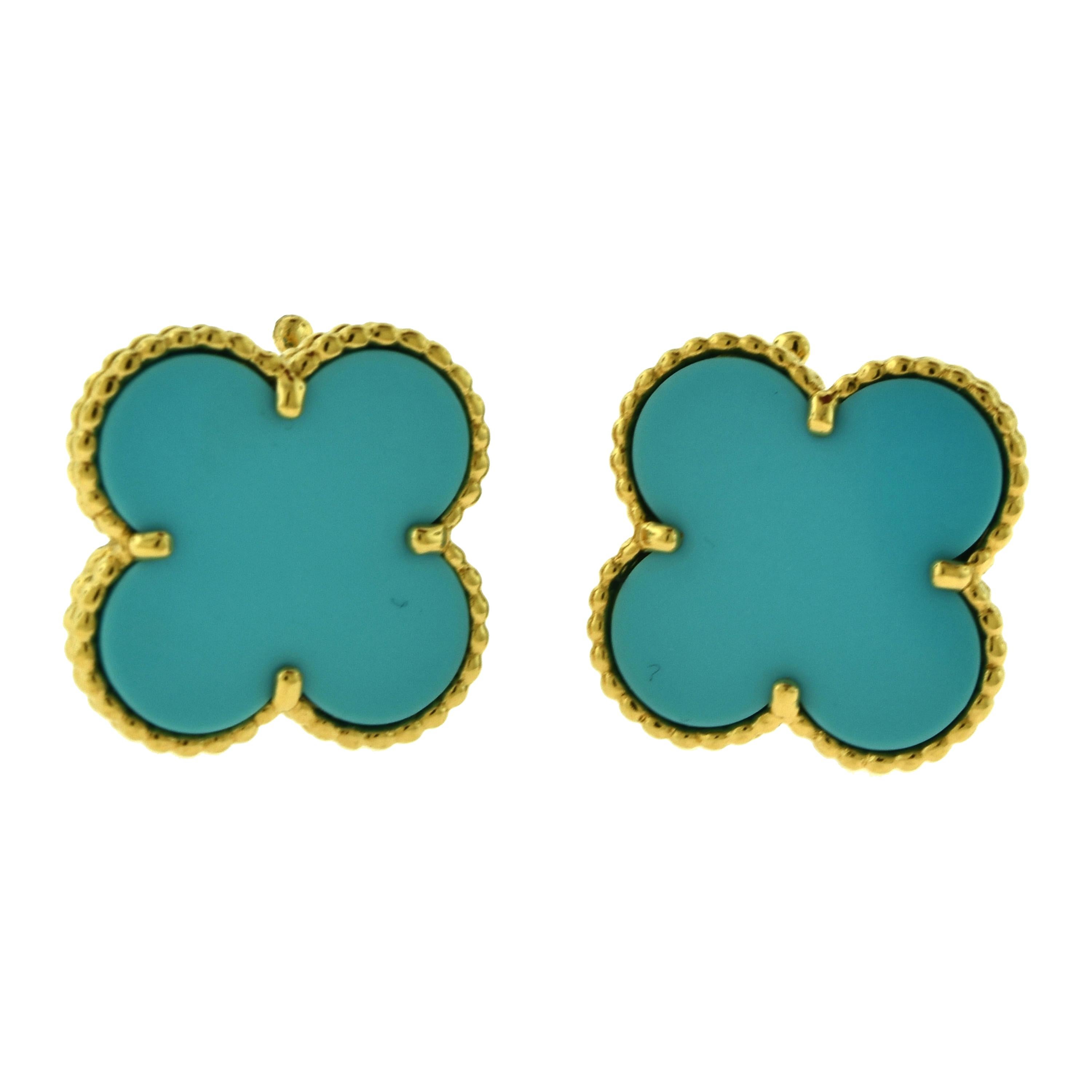 Van Cleef & Arpels Large Magic Alhambra Turquoise 18 Karat Gold Earrings, Rare