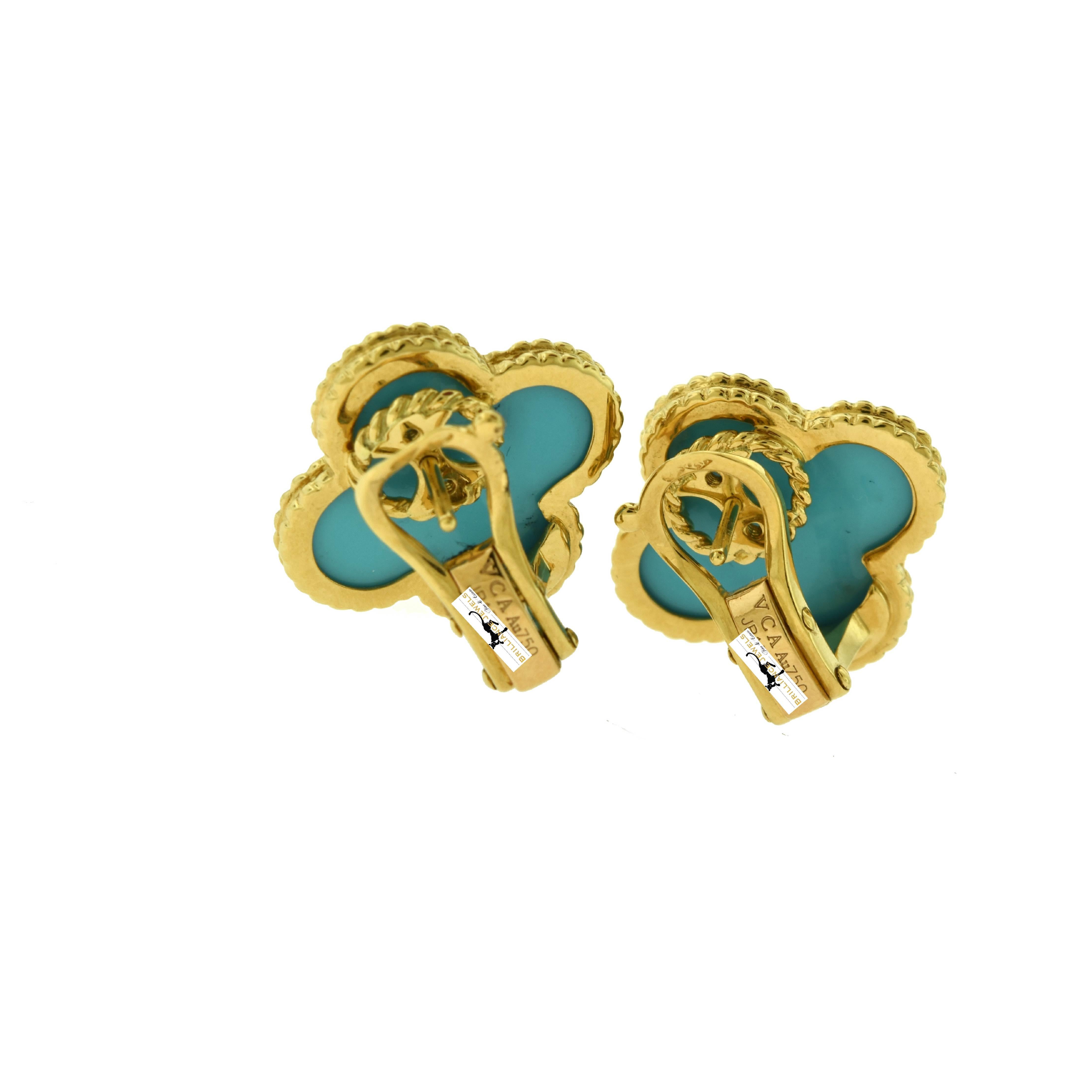 Van Cleef & Arpels Large Magic Alhambra Turquoise 18 Karat Gold Earrings, Rare In Good Condition In Miami, FL