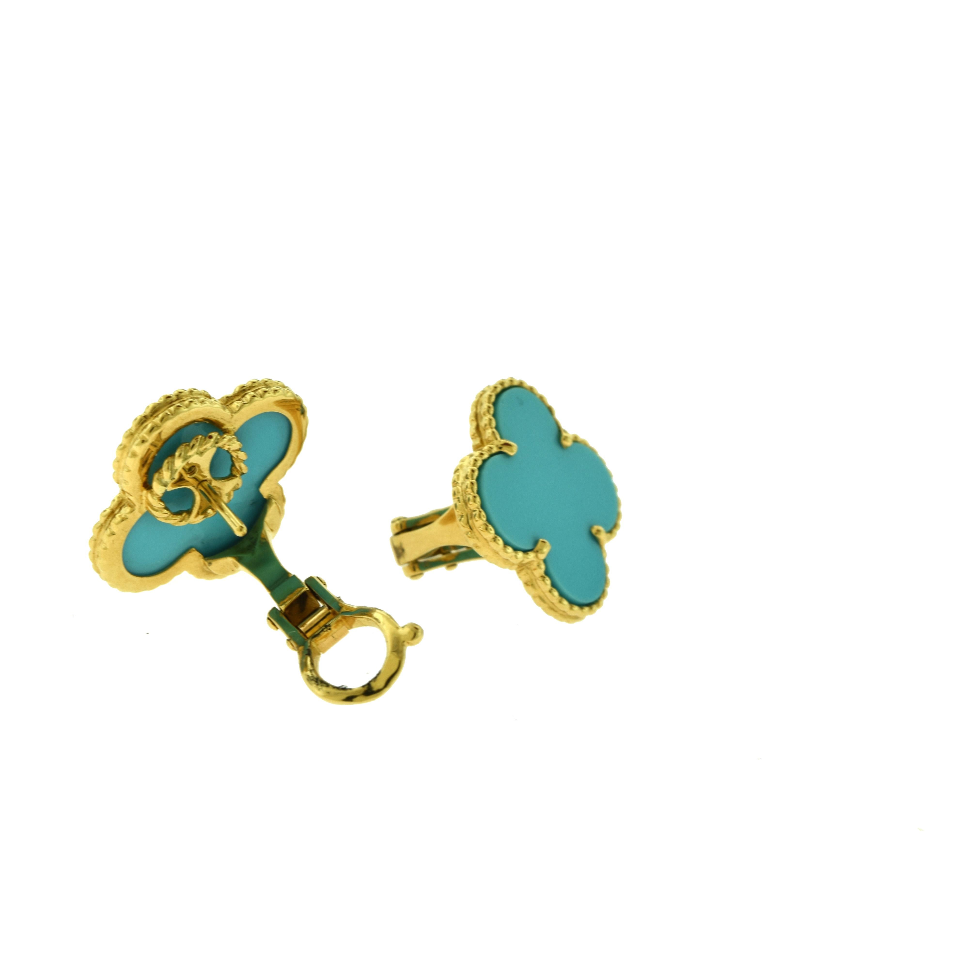 Women's or Men's Van Cleef & Arpels Large Magic Alhambra Turquoise 18 Karat Gold Earrings, Rare