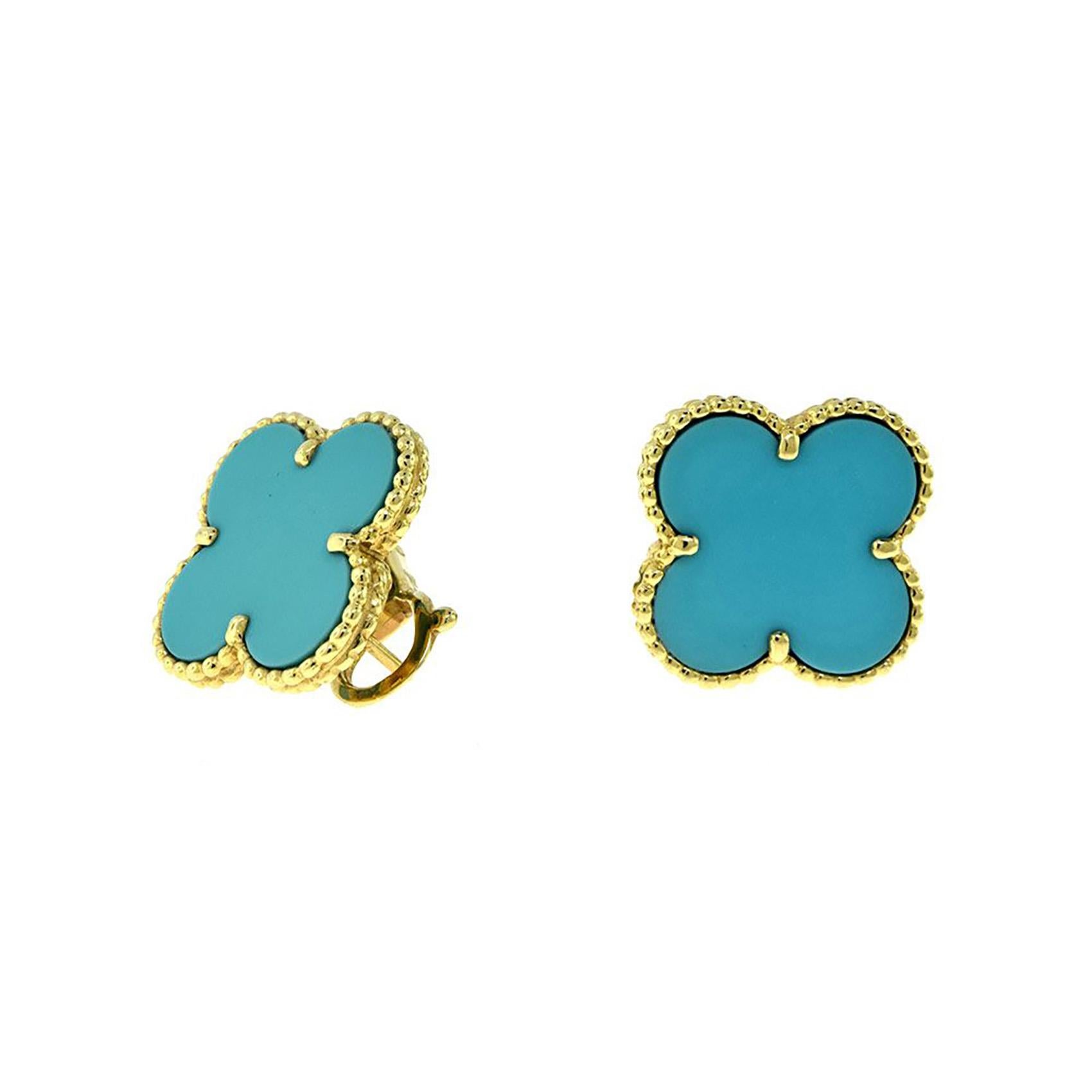 Designer: Van Cleef & Arpels

Collection: Magic Alhambra

Metal: Yellow Gold

Metal Purity: 18k

Dimensions: 20.1 x 20.1 mm 

Stone: Turquoise

Signature: VCA

Hallmark: 750 Serial Number (blocked for privacy) VCA