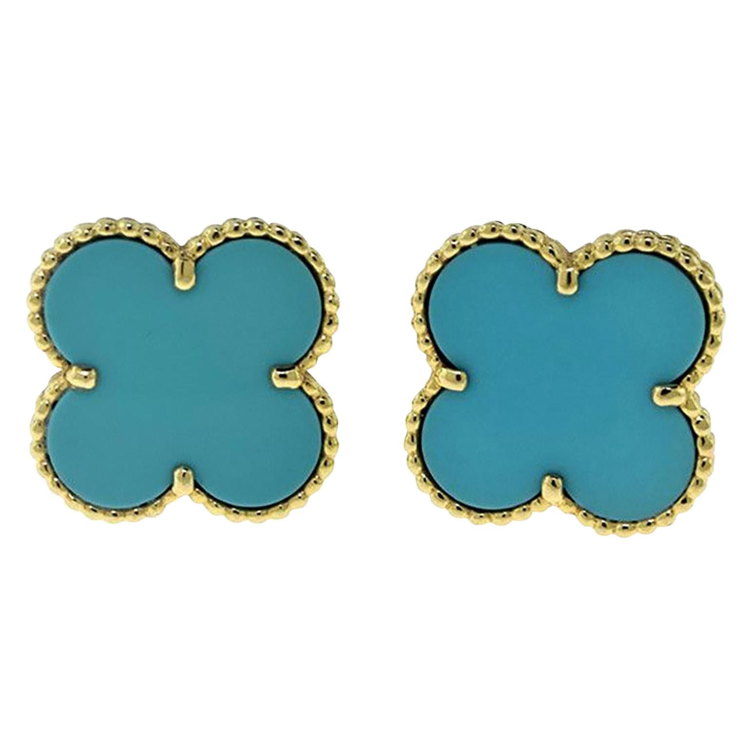 Van Cleef & Arpels Extra Large Magic Alhambra Turquoise Yellow Gold Earrings New