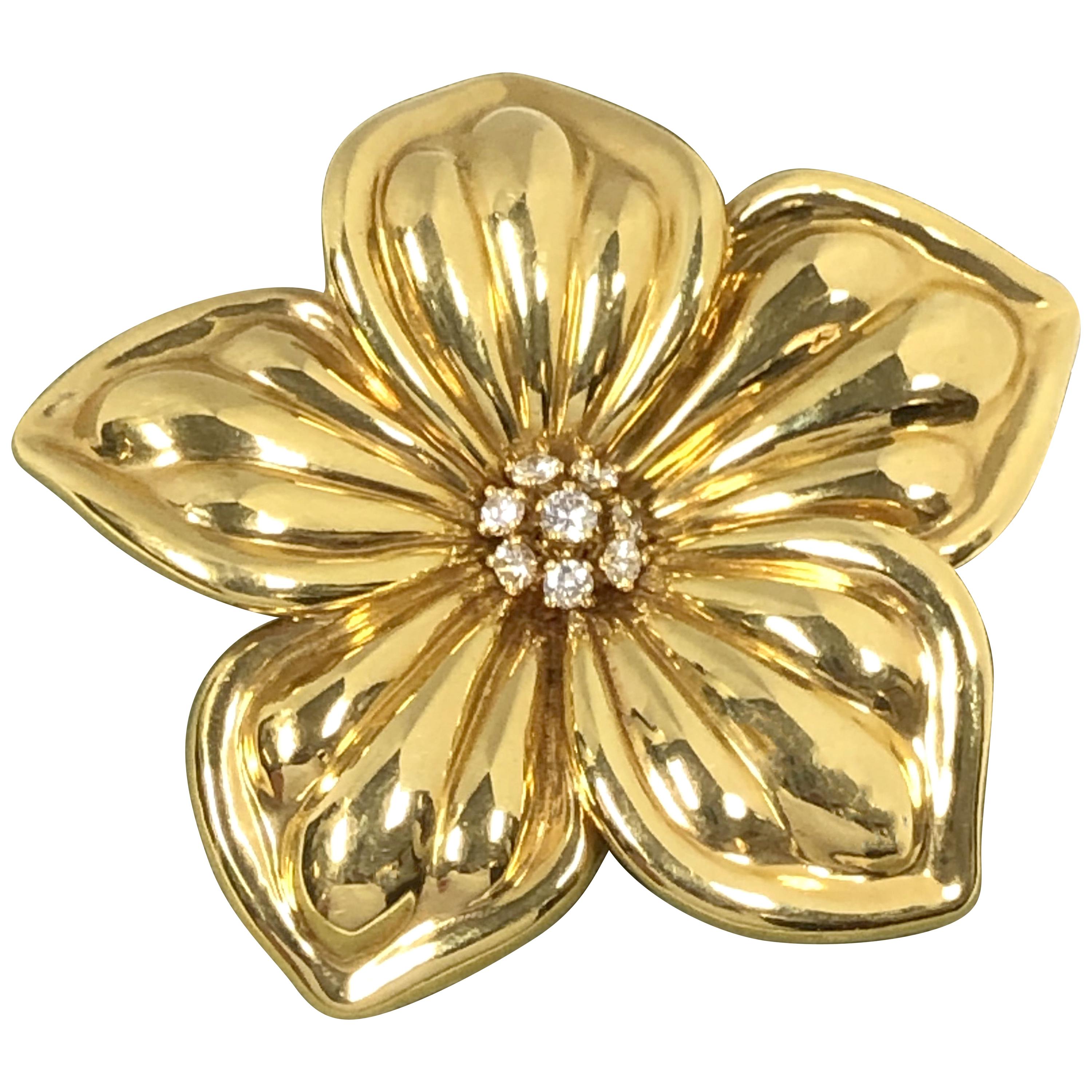 Van Cleef & Arpels Large Yellow Gold and Diamond Magnolia Flower Brooch Pin