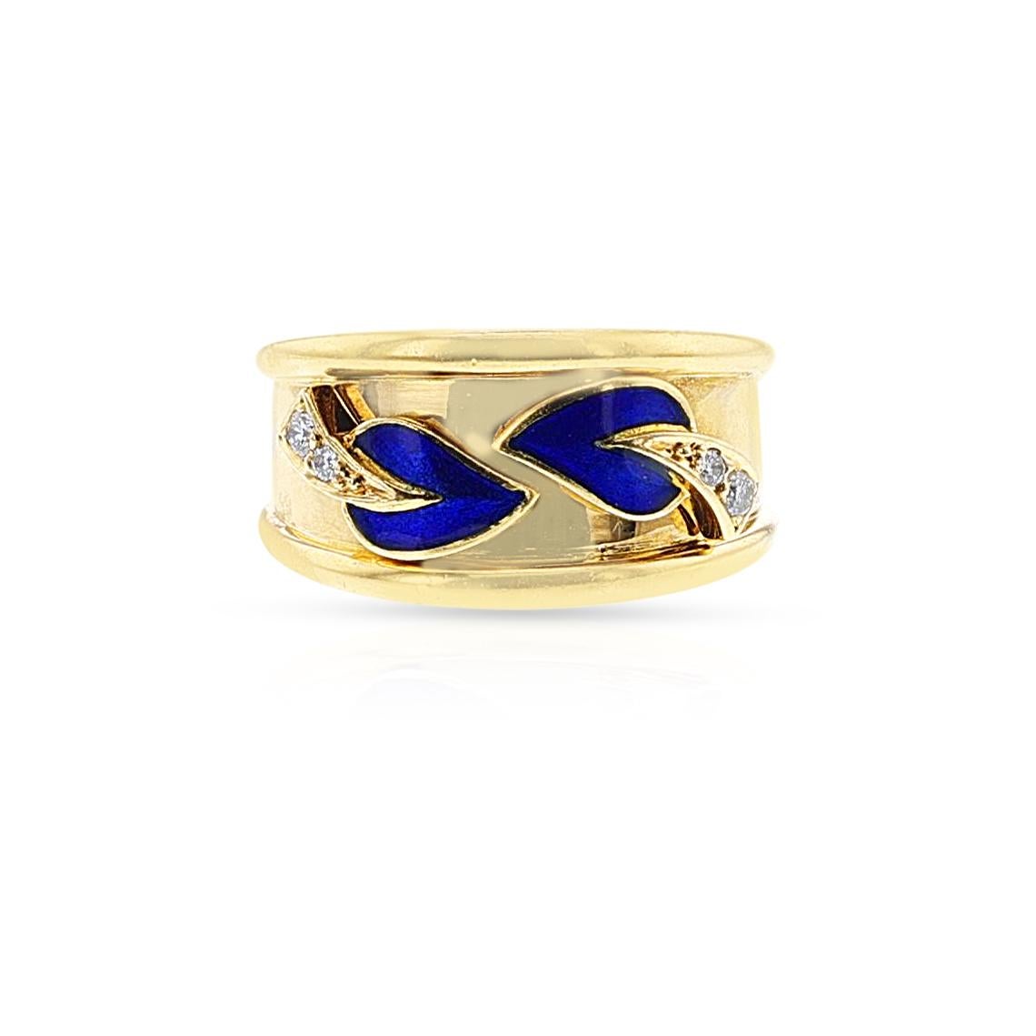 Women's or Men's Van Cleef & Arpels Leaf Enamel and Diamond Ring, 18k For Sale