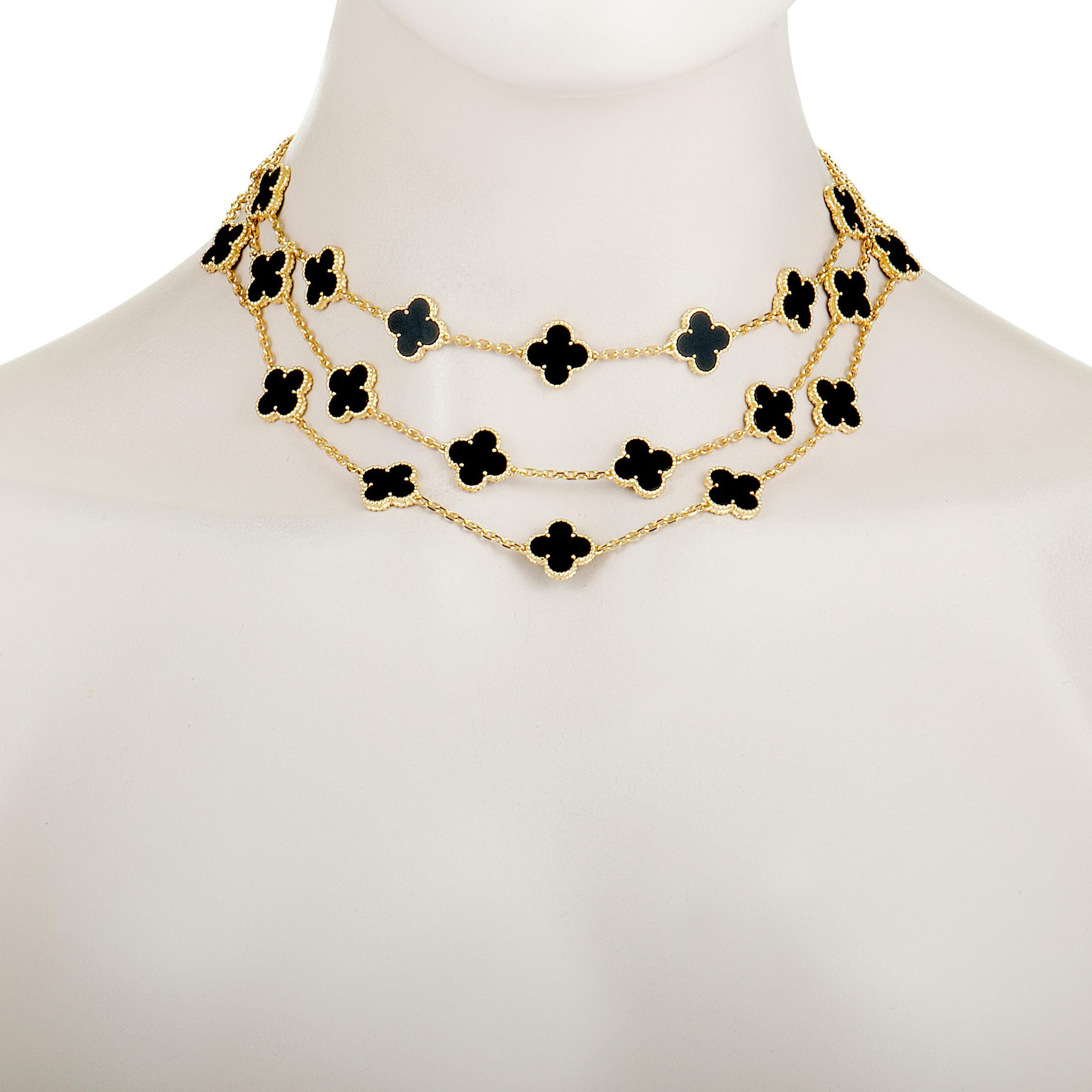 A very rare piece from the sublime “Alhambra” collection by Van Cleef & Arpels, this exquisite necklace compels with its luxurious radiance and classy appeal. The necklace is expertly crafted from 18K yellow gold and it is embellished with onyx-set