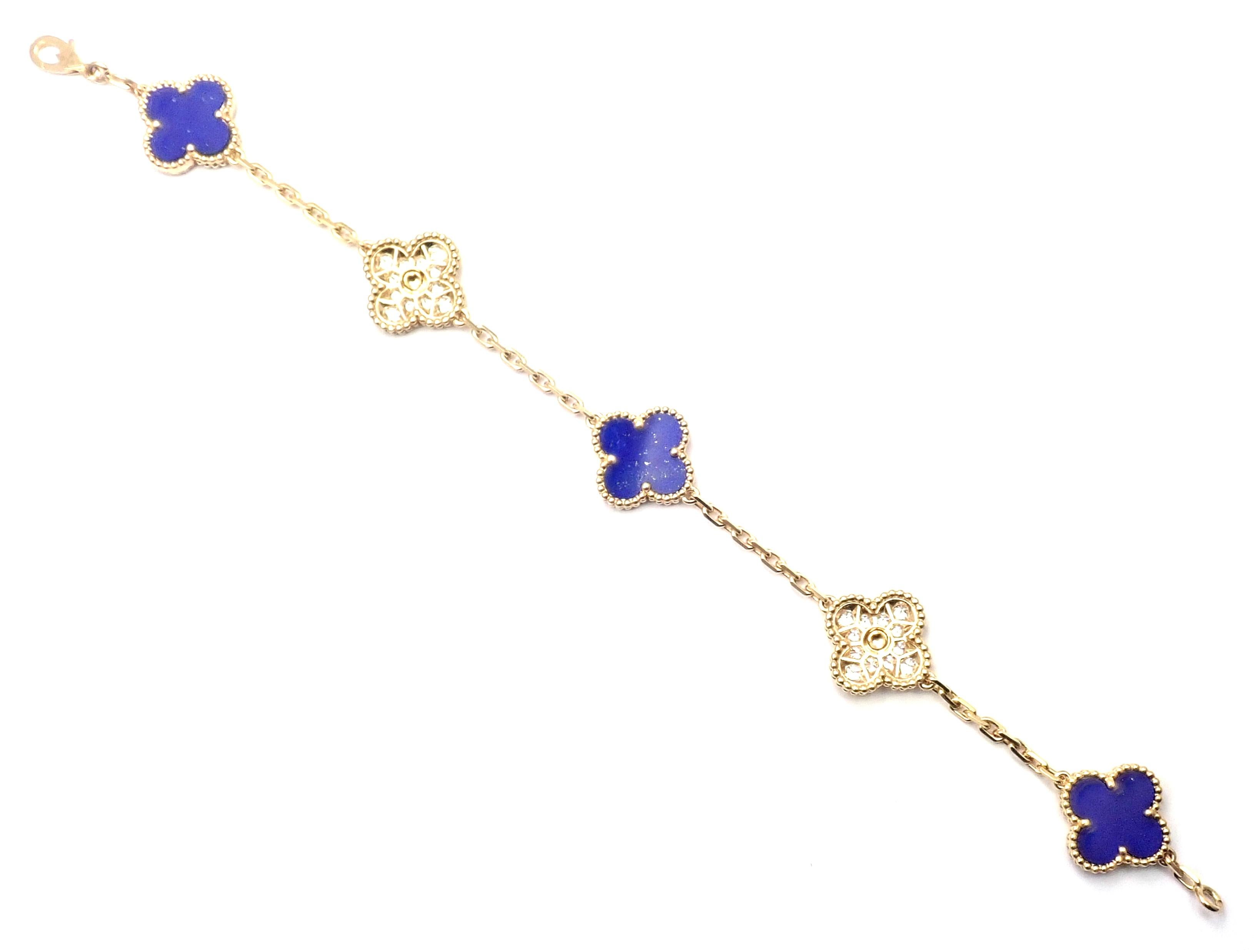Van Cleef & Arpels Limited Edition Vintage Alhambra Diamond Lapis Gold Bracelet 2