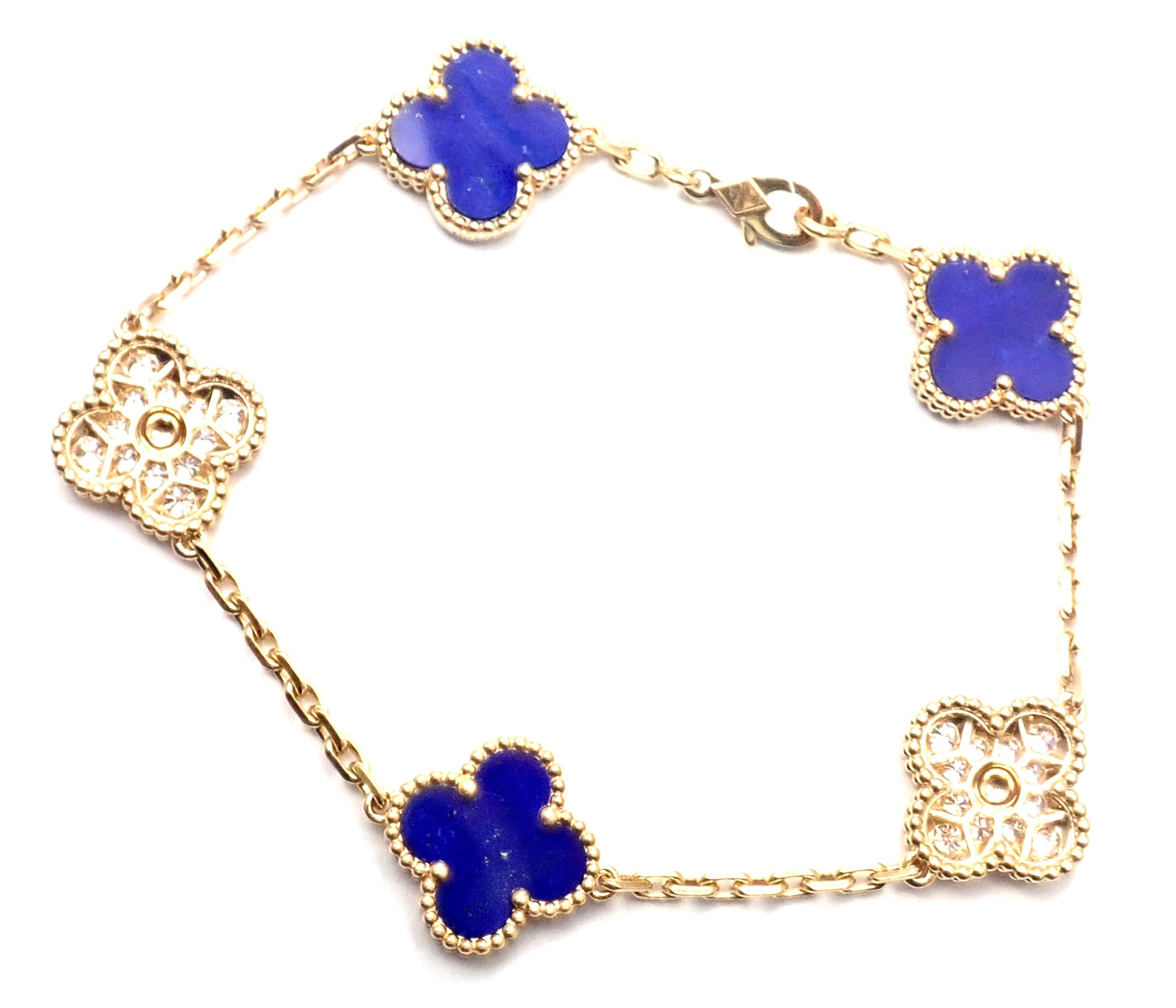 18k Yellow Gold Limited Edition Diamond And Lapis Lazuli Vintage Alhambra Bracelet by Van Cleef & Arpels.
With 3 alhambra shape lapis stones 
24 Round brilliant cut diamonds VVS1 clarity, E color total weight approx. .96ct
This is a Limited Edition