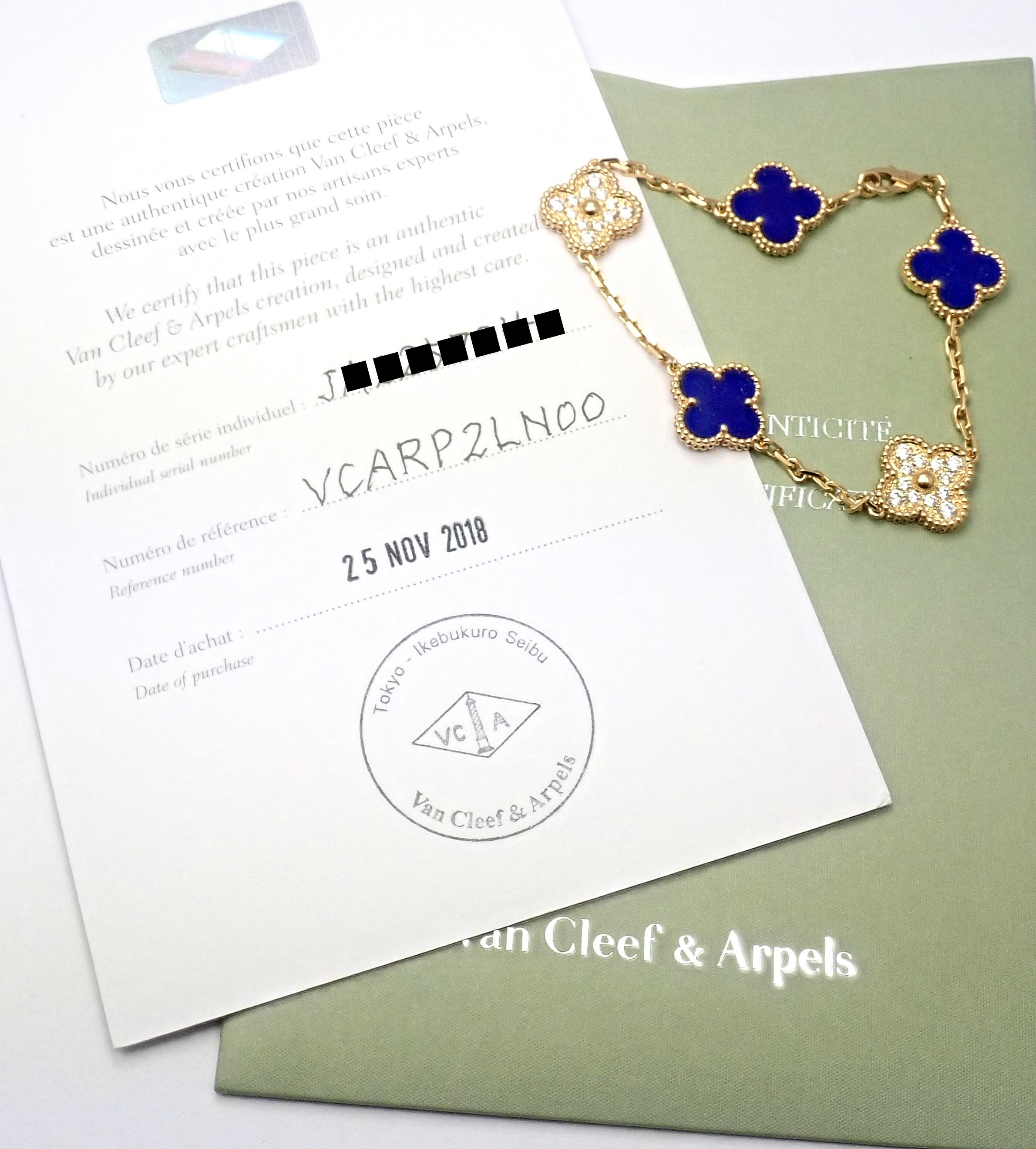 Uncut Van Cleef & Arpels Limited Edition Vintage Alhambra Diamond Lapis Gold Bracelet