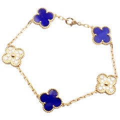 Van Cleef & Arpels Limited Edition Vintage Alhambra Diamond Lapis Gold Bracelet