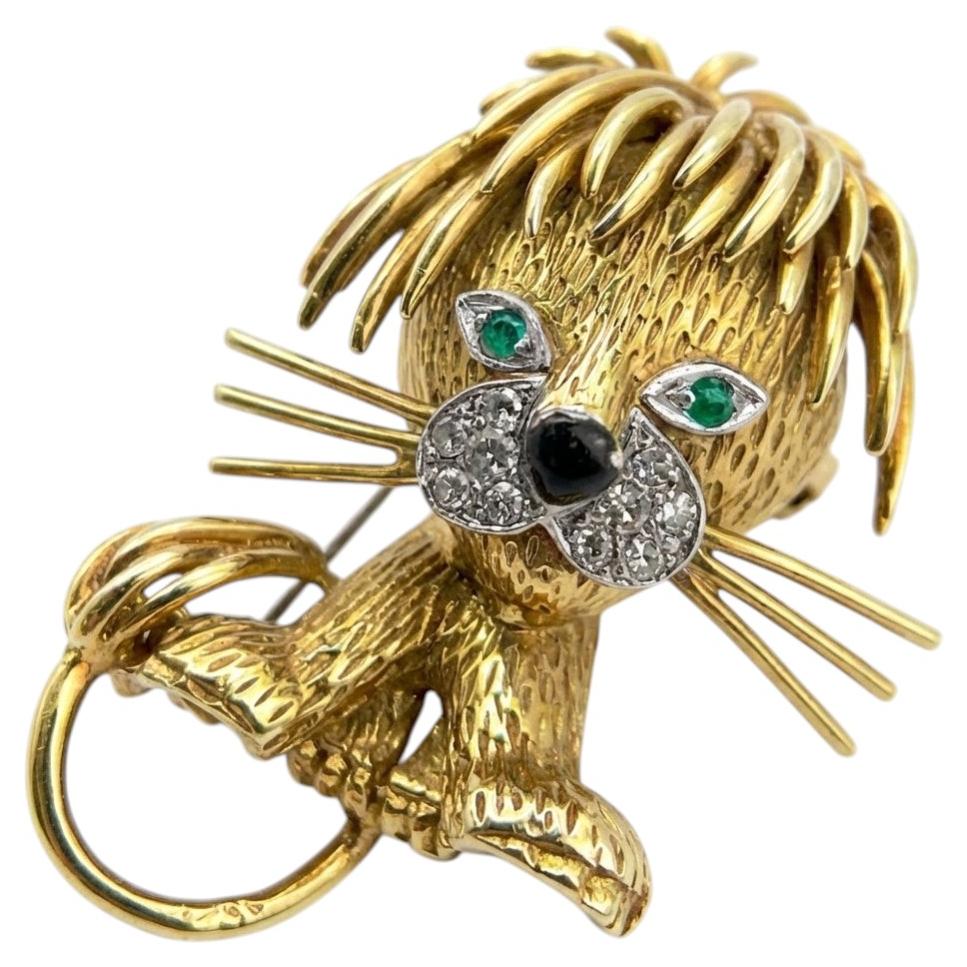 Van Cleef & Arpels Lion Brooch 18K Gold Diamond Emerald Vintage 1963 Figural Des