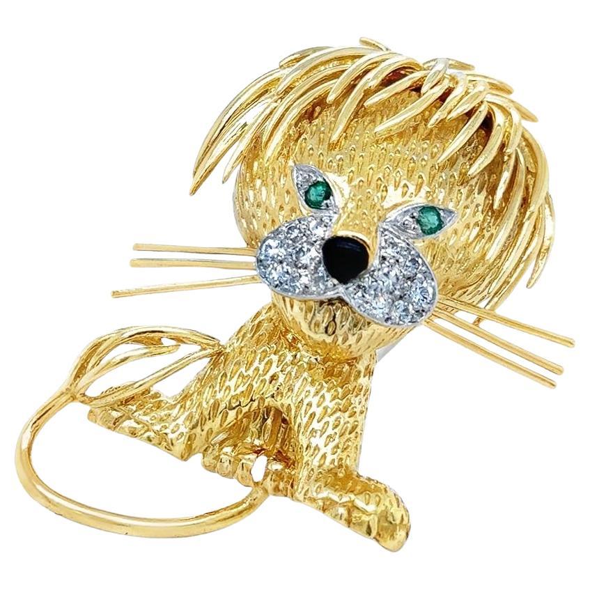 Van Cleef & Arpels Lion Ébouriffe Brooch 18k Estate Diamond Emerald & Onyx Gems